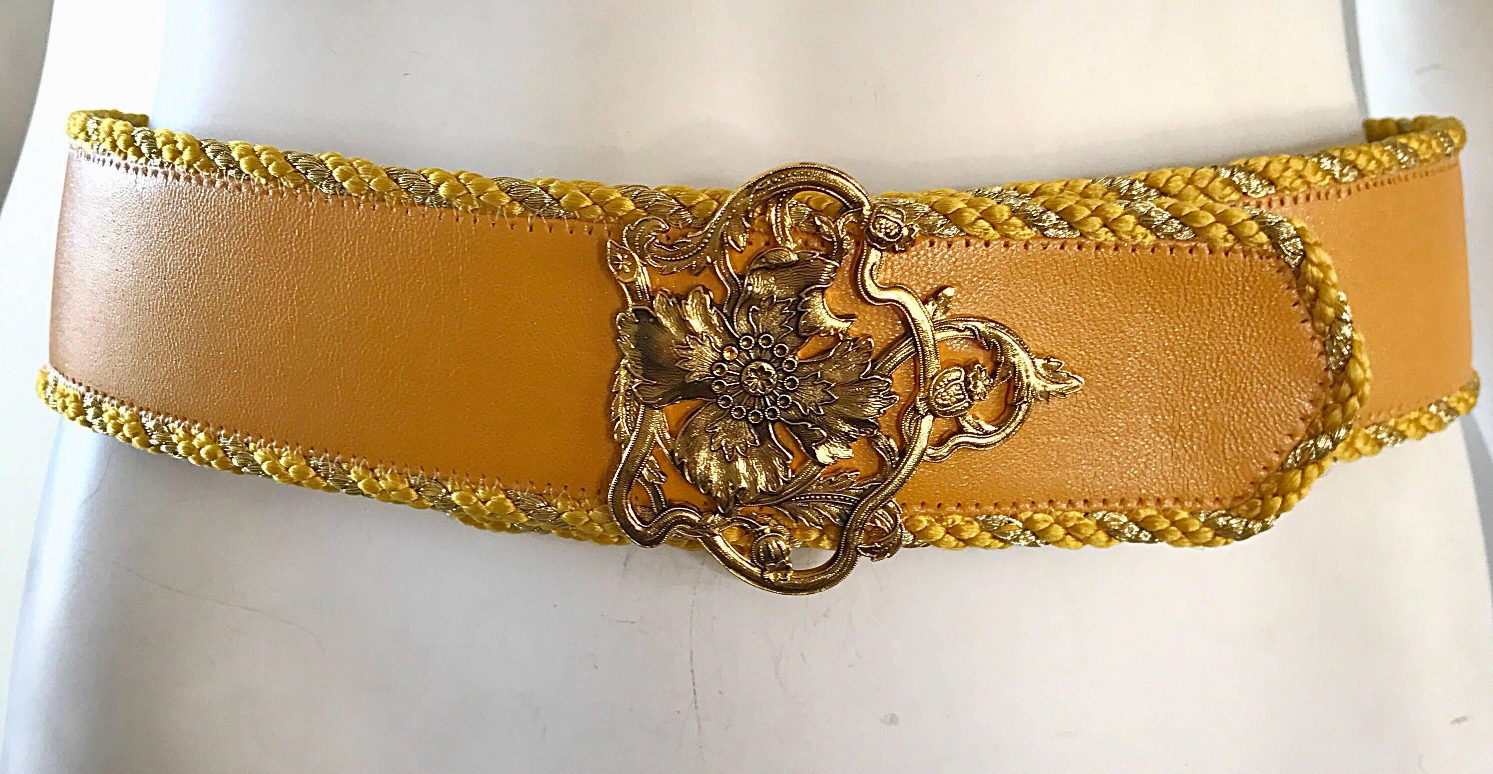 Women's Beautiful Vintage Emanuel Ungaro Marigold Yellow + Gold Leather 90s Flower Belt