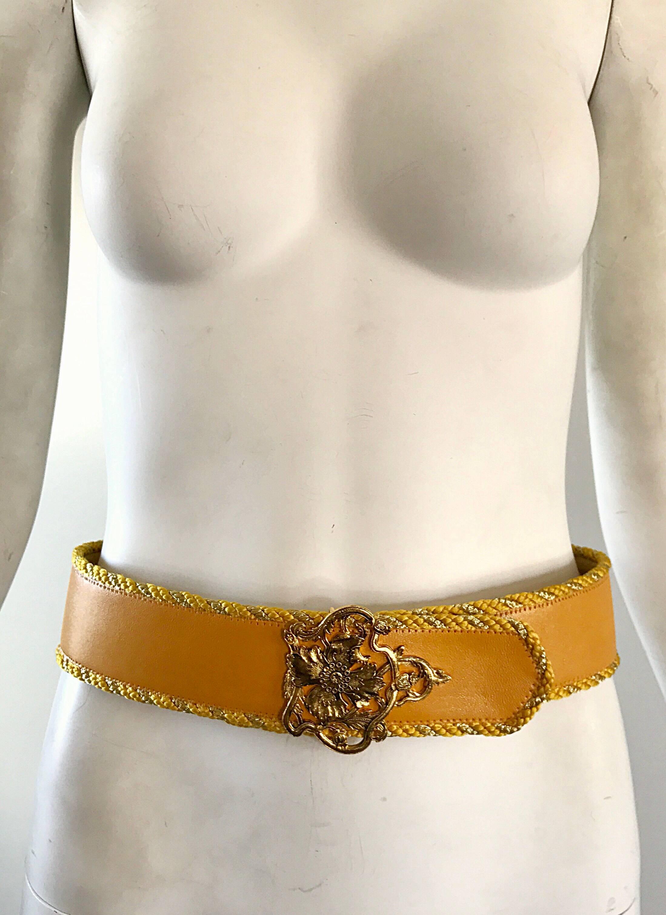 Beautiful Vintage Emanuel Ungaro Marigold Yellow + Gold Leather 90s Flower Belt 1