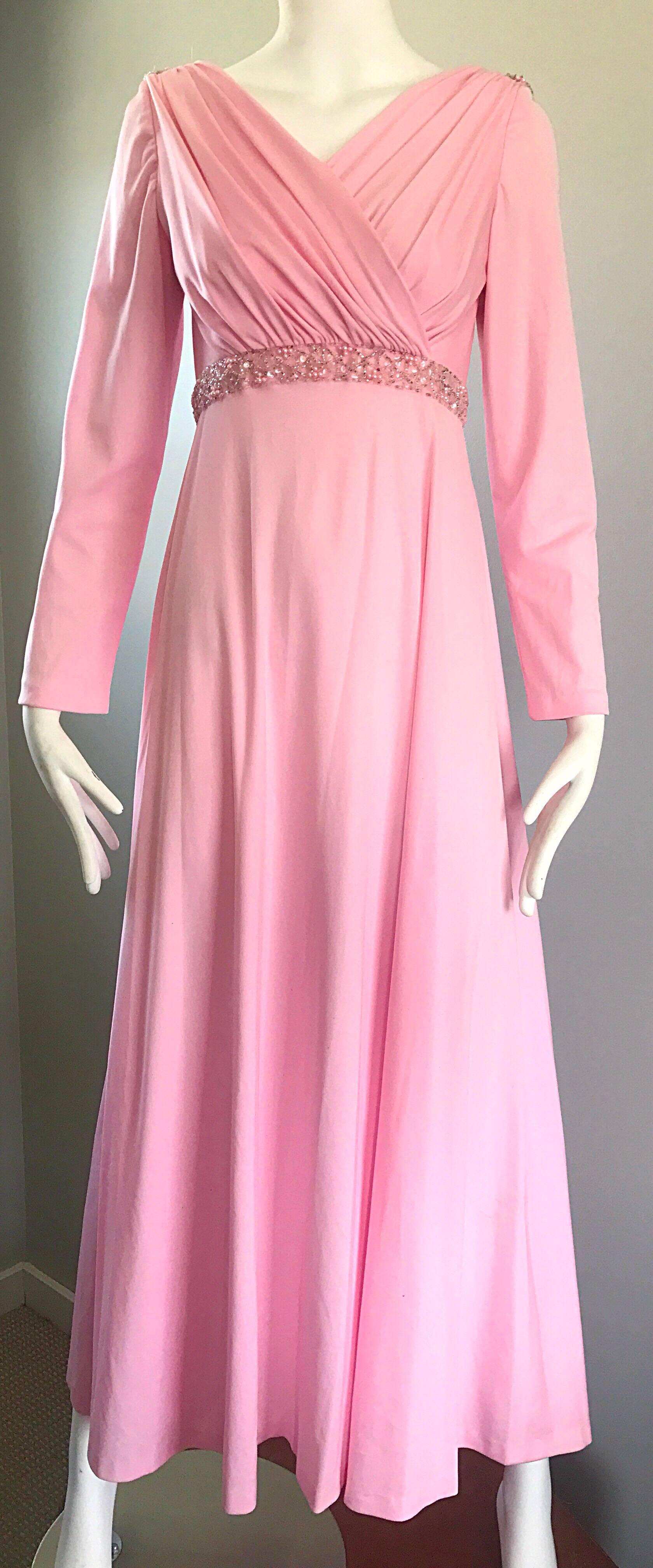 Amazing 1970s Light Pink Grecian Sequined and Beaded Long Sleeve Maxi Dress Gown In Excellent Condition For Sale In San Diego, CA
