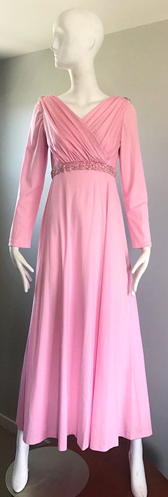 Amazing 1970s Light Pink Grecian Sequined and Beaded Long Sleeve Maxi Dress Gown