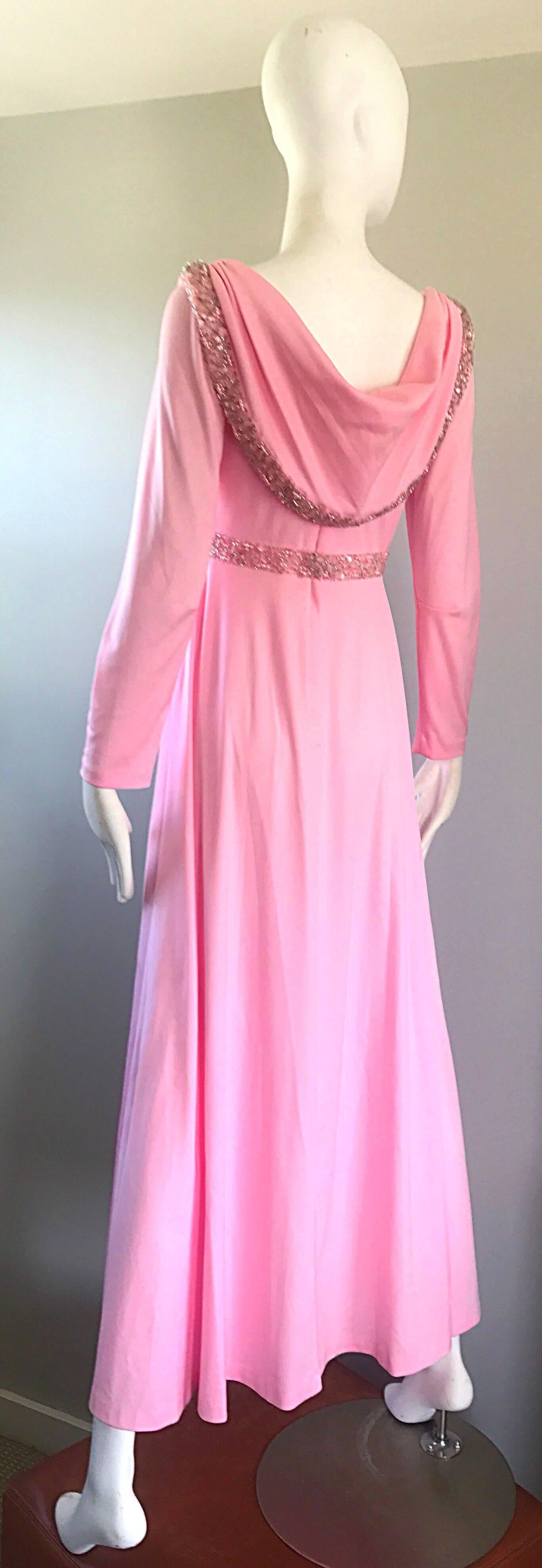 Amazing 1970s Light Pink Grecian Sequined and Beaded Long Sleeve Maxi ...