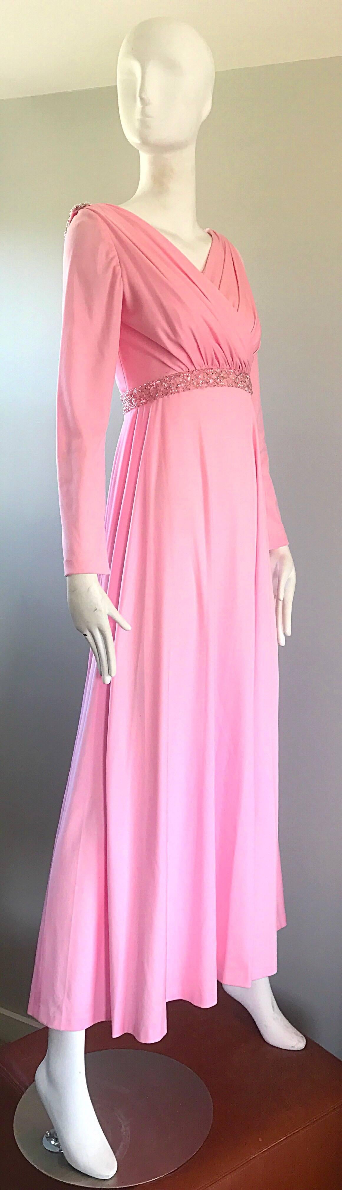 Amazing 1970s Light Pink Grecian Sequined and Beaded Long Sleeve Maxi Dress Gown For Sale 1