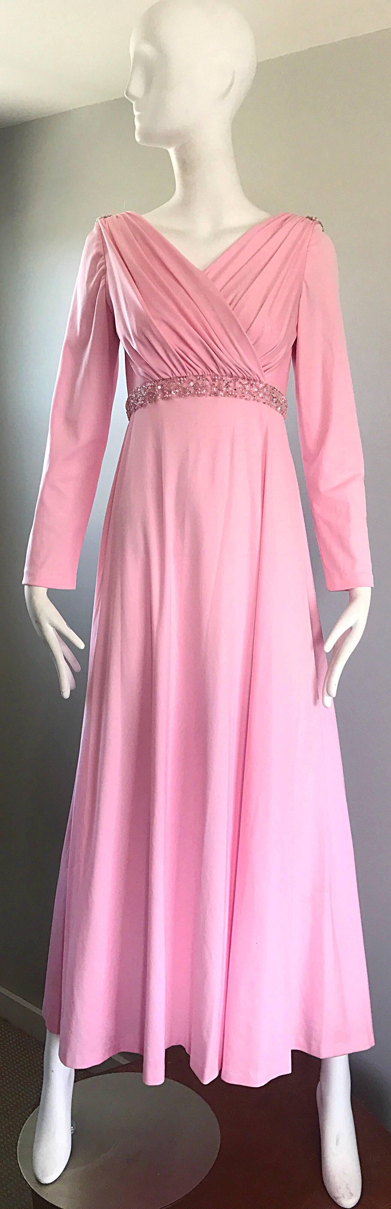Amazing 1970s Light Pink Grecian Sequined and Beaded Long Sleeve Maxi Dress Gown For Sale 2