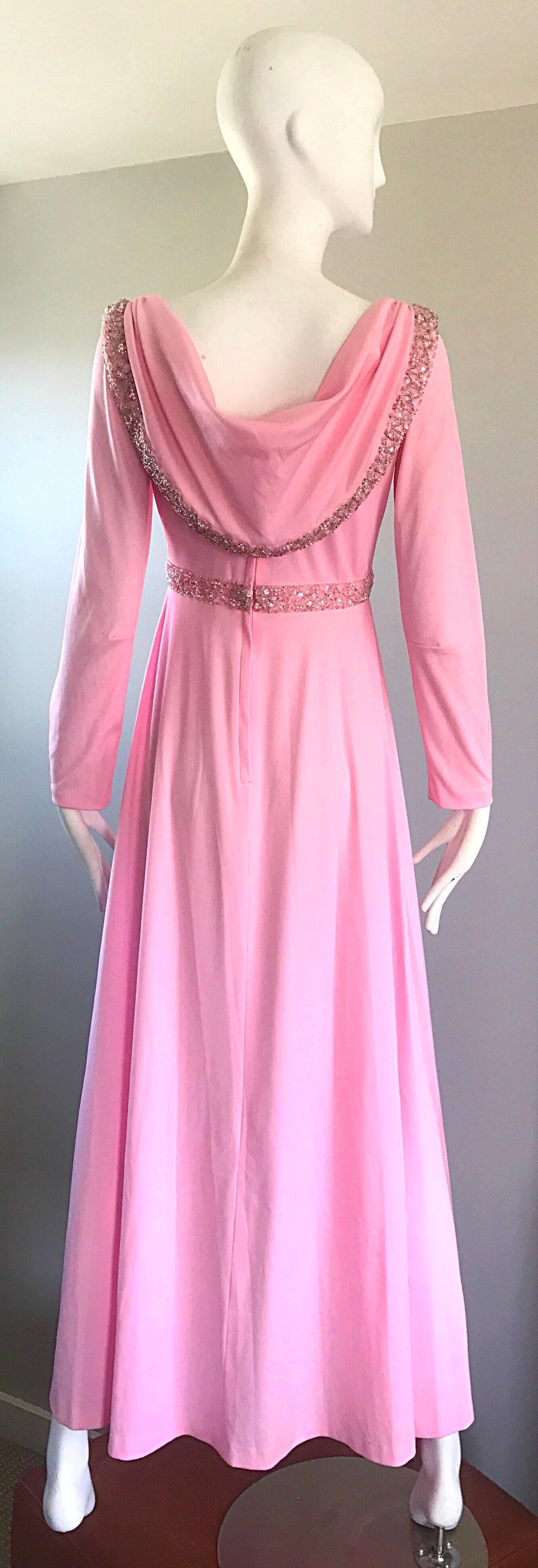 Amazing 1970s Light Pink Grecian Sequined and Beaded Long Sleeve Maxi Dress Gown For Sale 3