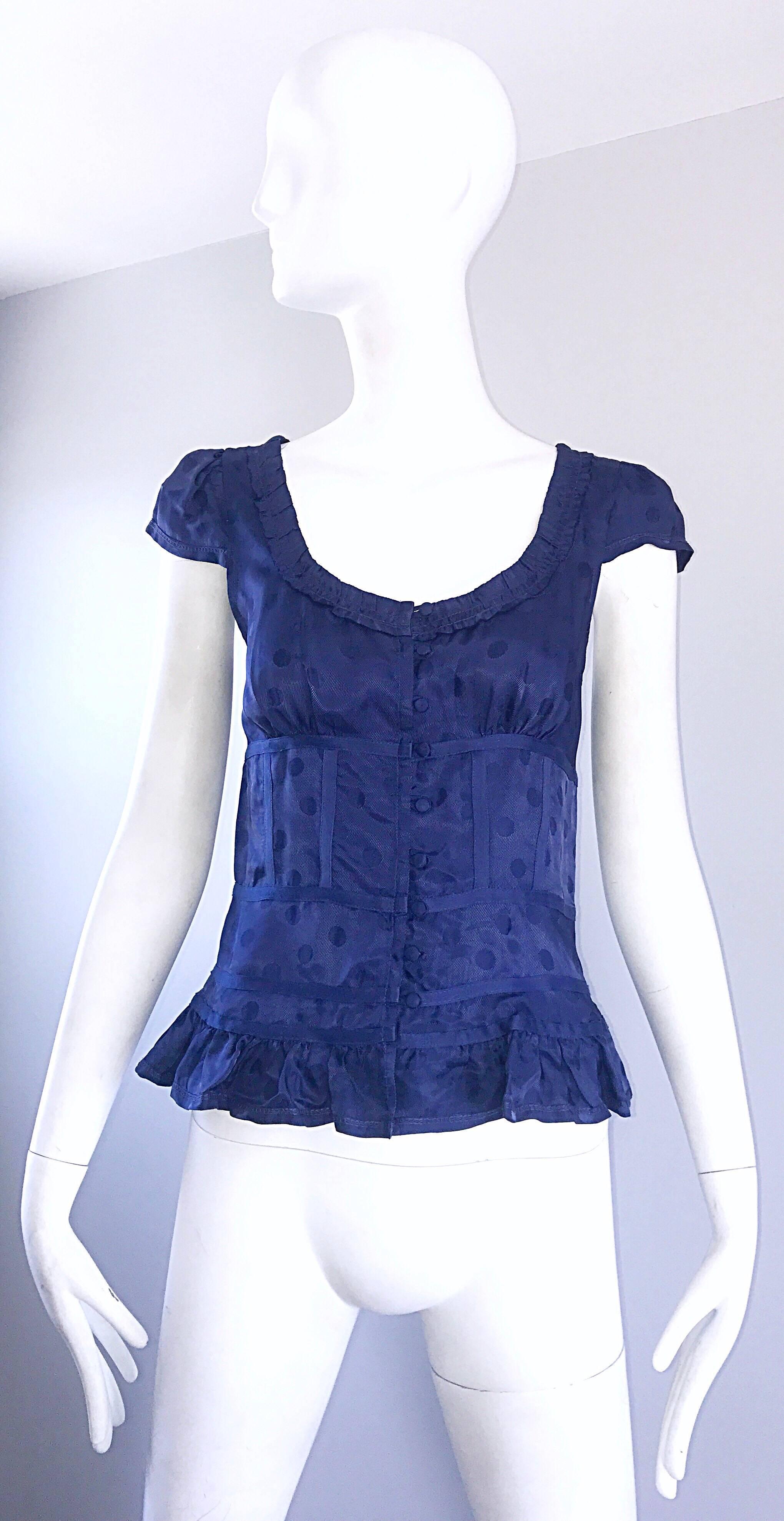 Women's Marc Jacobs Navy Blue Silk Polka Dot Cap Sleeve Size 2 / 4 Blouse Top / Shirt For Sale