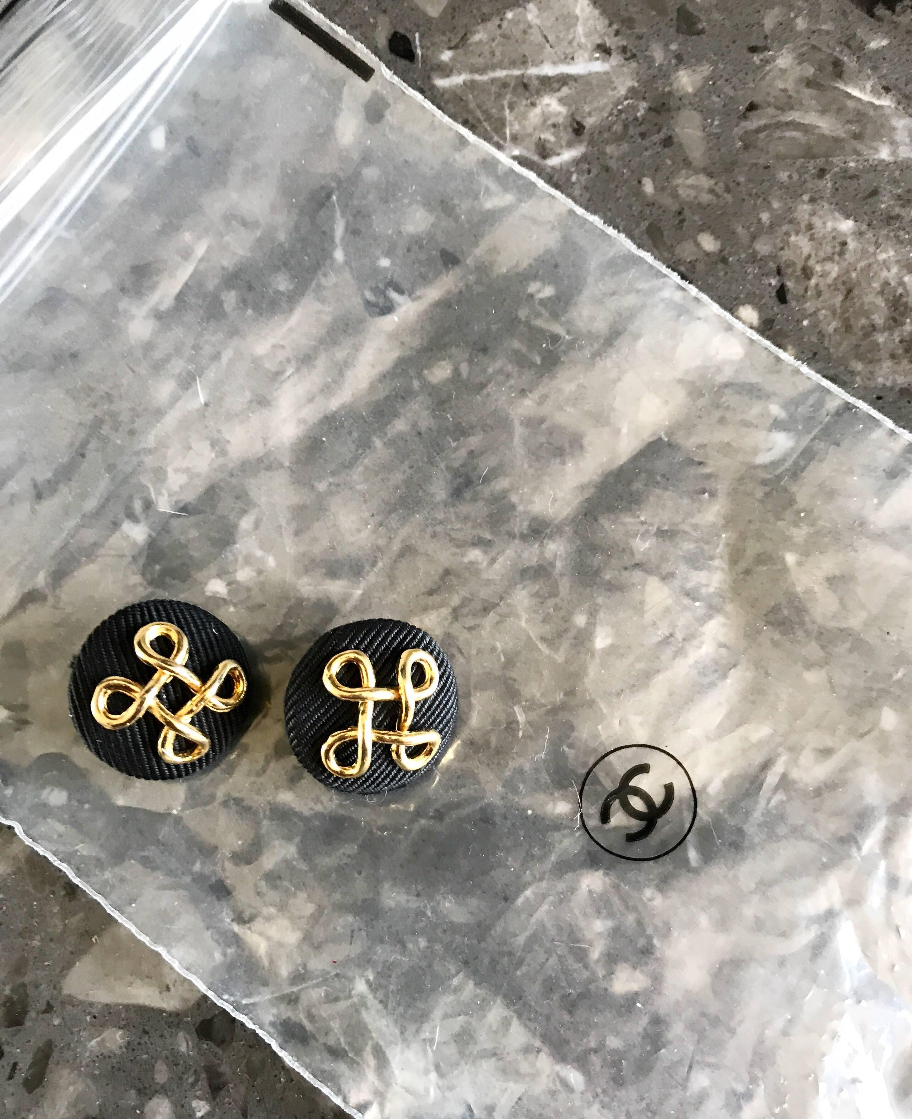 Chanel Brand New Vintage 90s Set of Two Silk Grosgrain and Gold Buttons Earrings 1