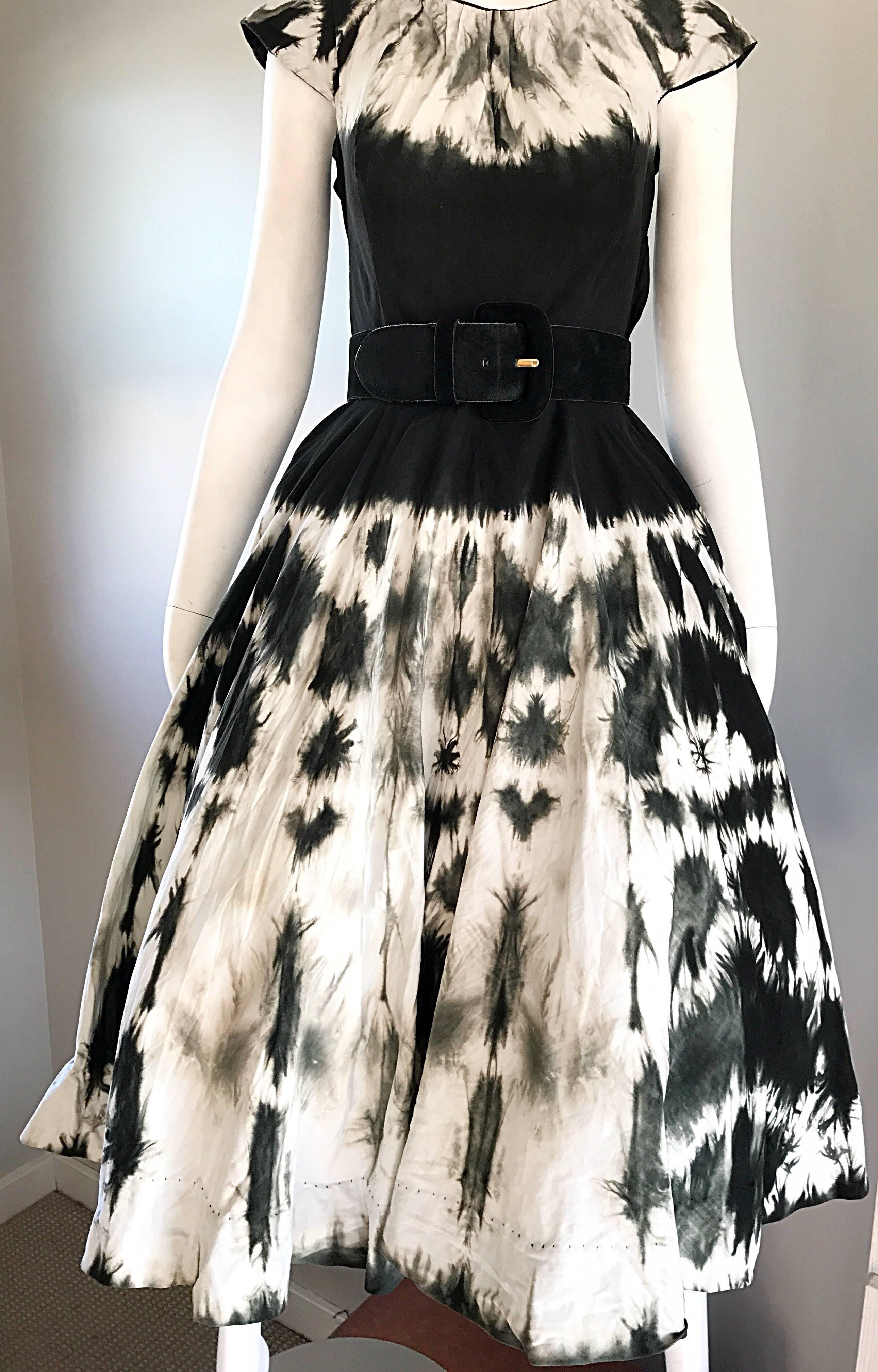 Women's 1950s Madalyn Miller 1950s Black and White Tie Dye Cotton Chic Vintage 50s Dress