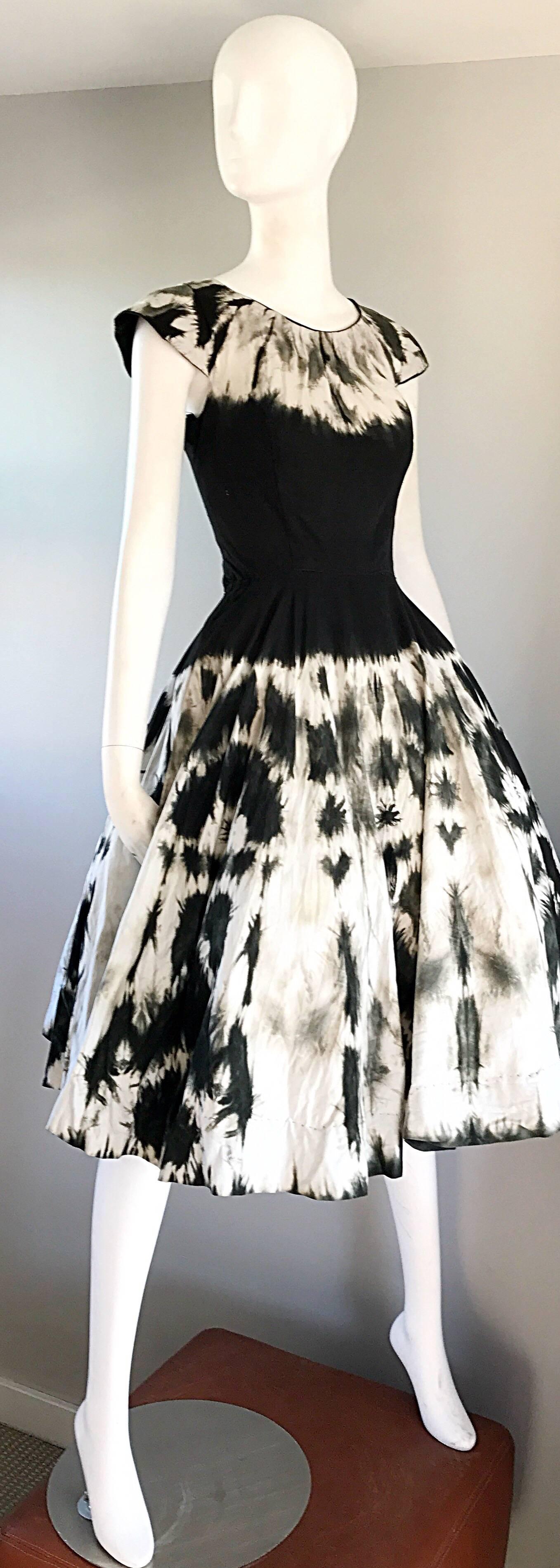 1950s Madalyn Miller 1950s Black and White Tie Dye Cotton Chic Vintage 50s Dress 1