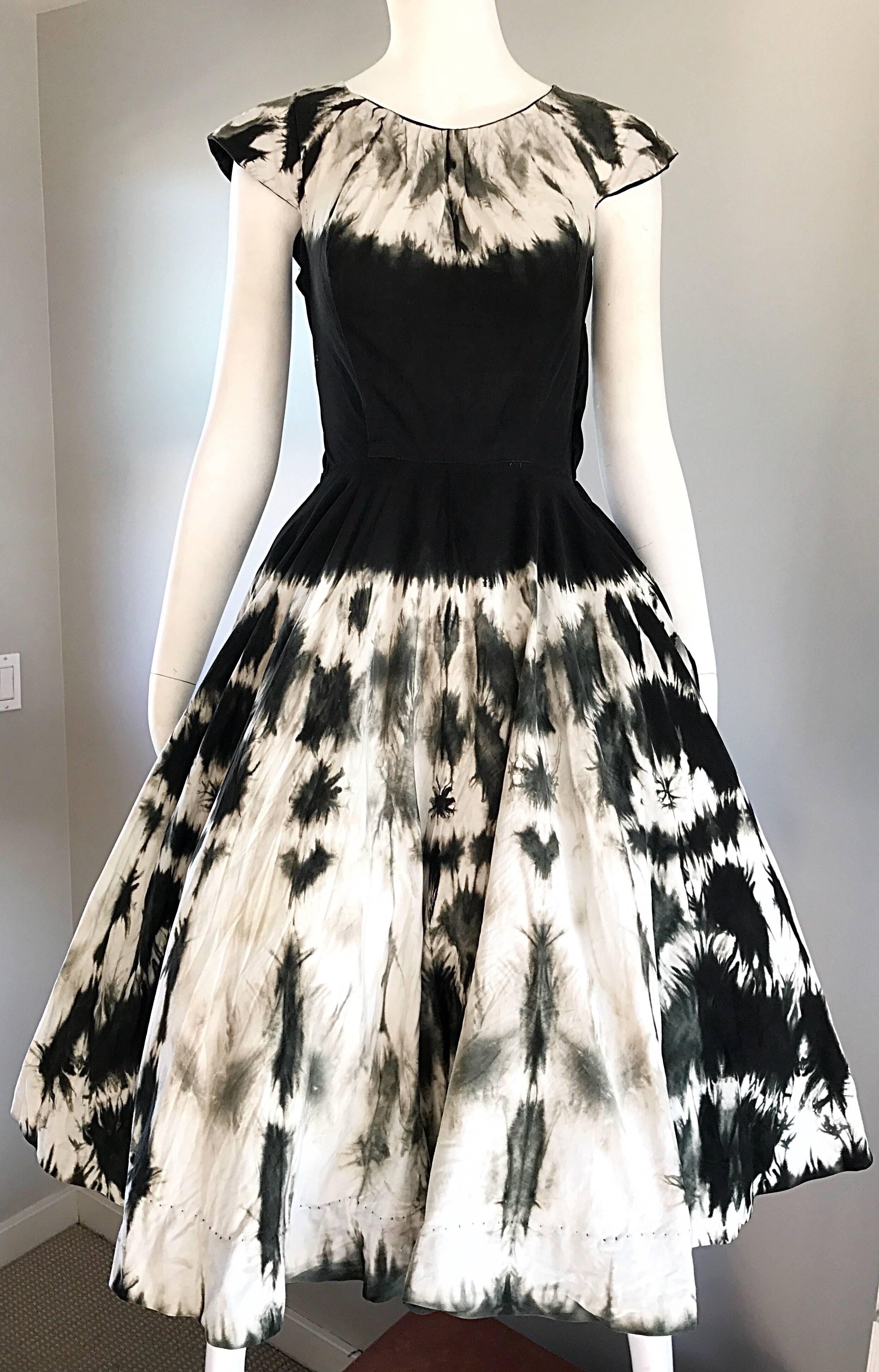 1950s Madalyn Miller 1950s Black and White Tie Dye Cotton Chic Vintage 50s Dress 2