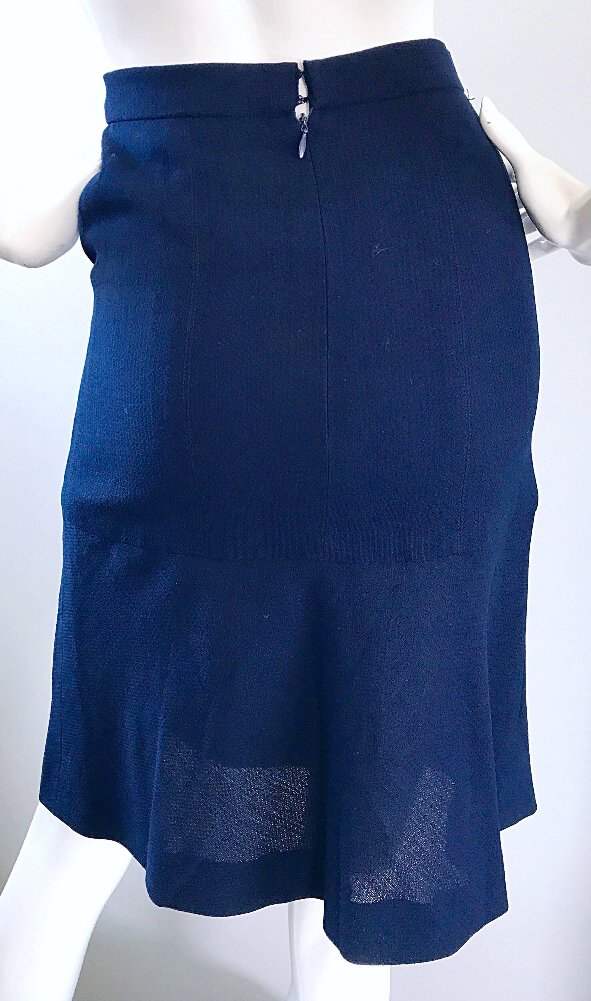 Black Vintage Chanel 1990s Navy Blue Flounce Hem Virgin Wool High Waisted 90s Skirt For Sale