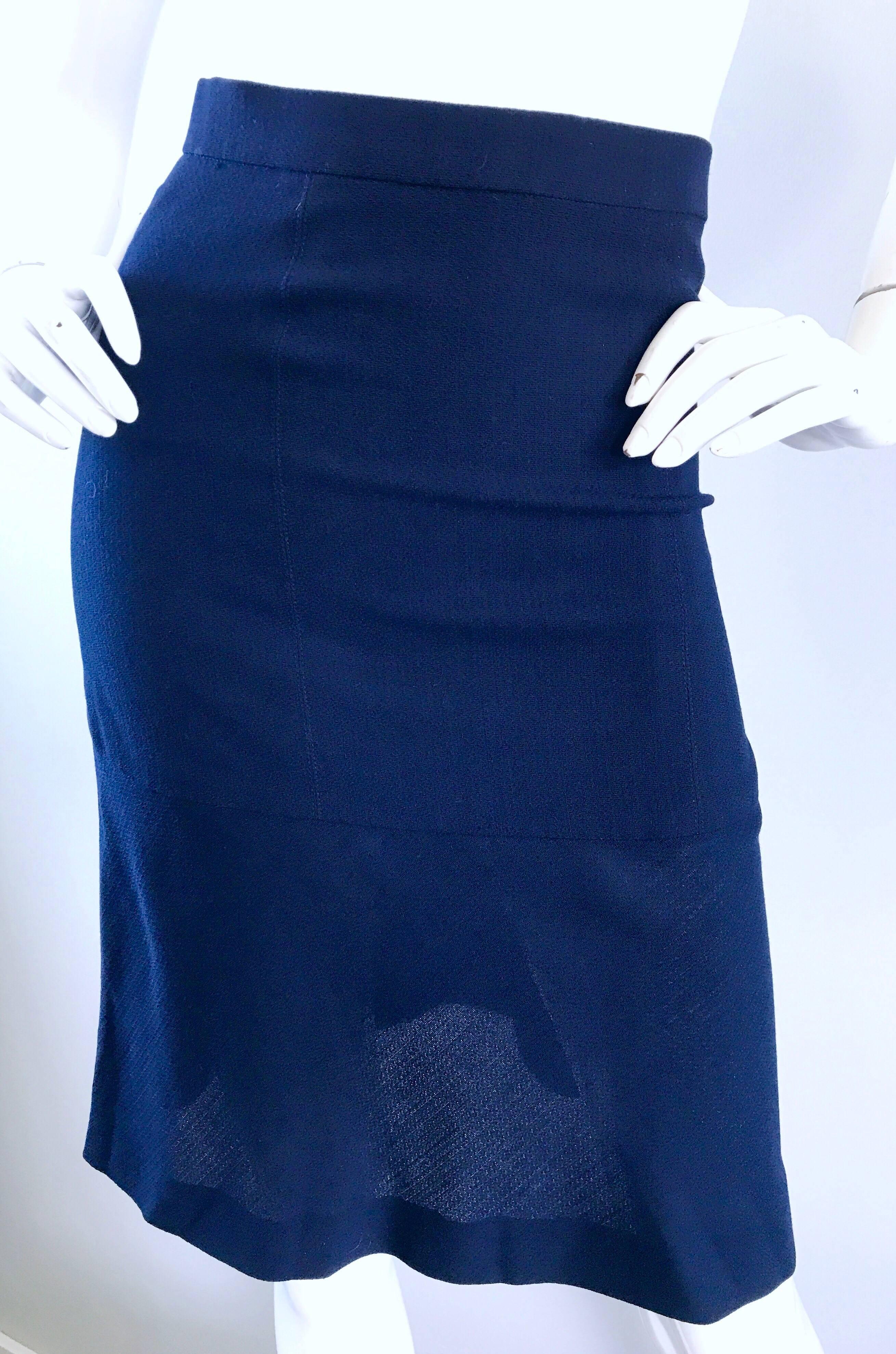 Women's Vintage Chanel 1990s Navy Blue Flounce Hem Virgin Wool High Waisted 90s Skirt For Sale