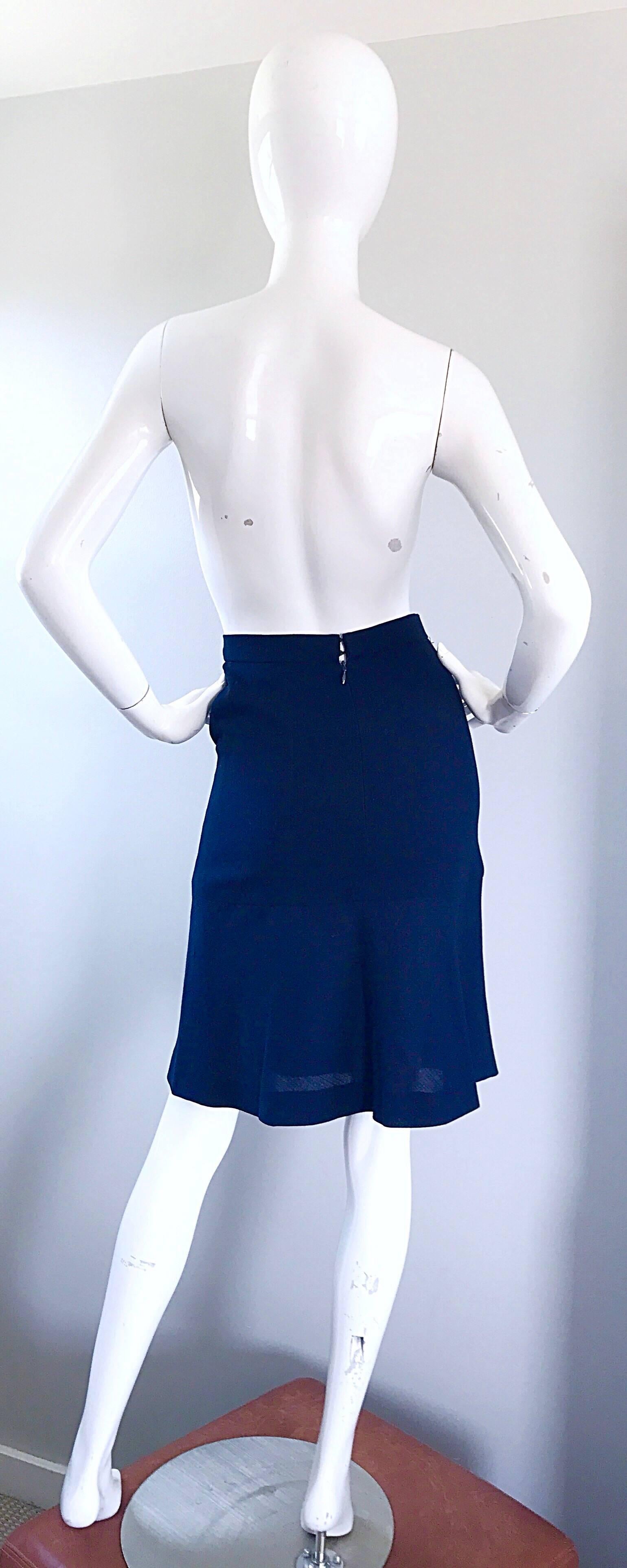 Vintage Chanel 1990s Navy Blue Flounce Hem Virgin Wool High Waisted 90s Skirt For Sale 1