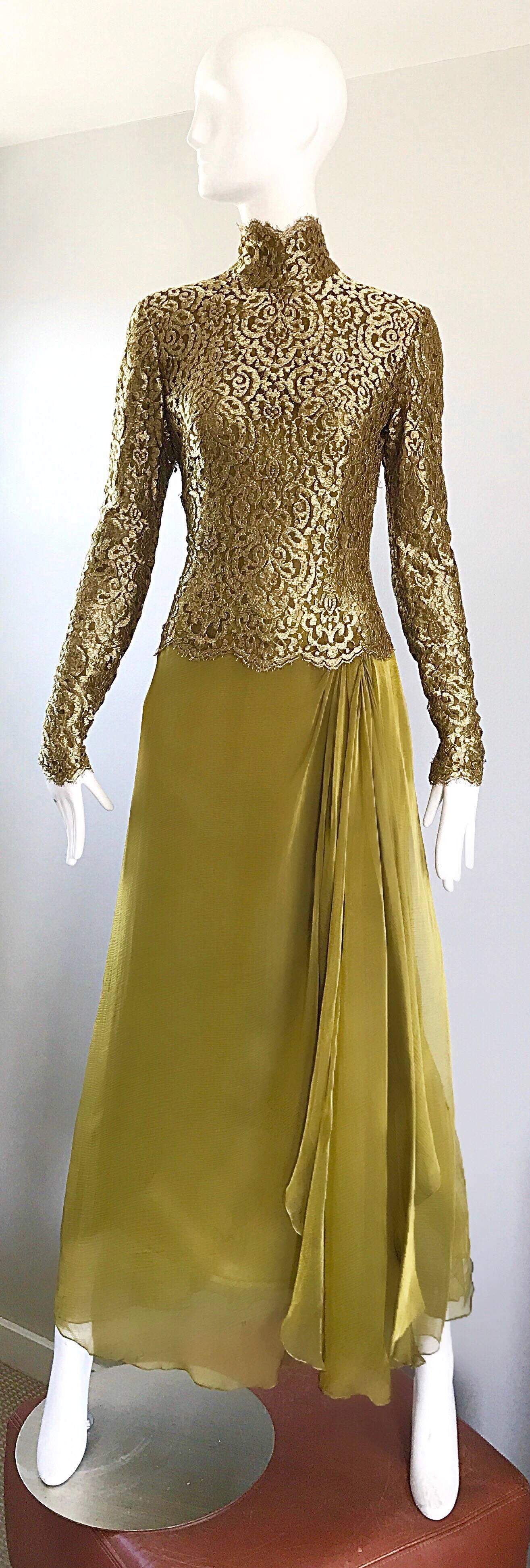 Amazing vintage BOB MACKIE couture chartreuse green and gold French lace and silk chiffon high neck evening gown! Features a flattering high neck with a brilliant tailored fitted bodice. Grecian style skirt that is so flowy and beautiful! Hidden