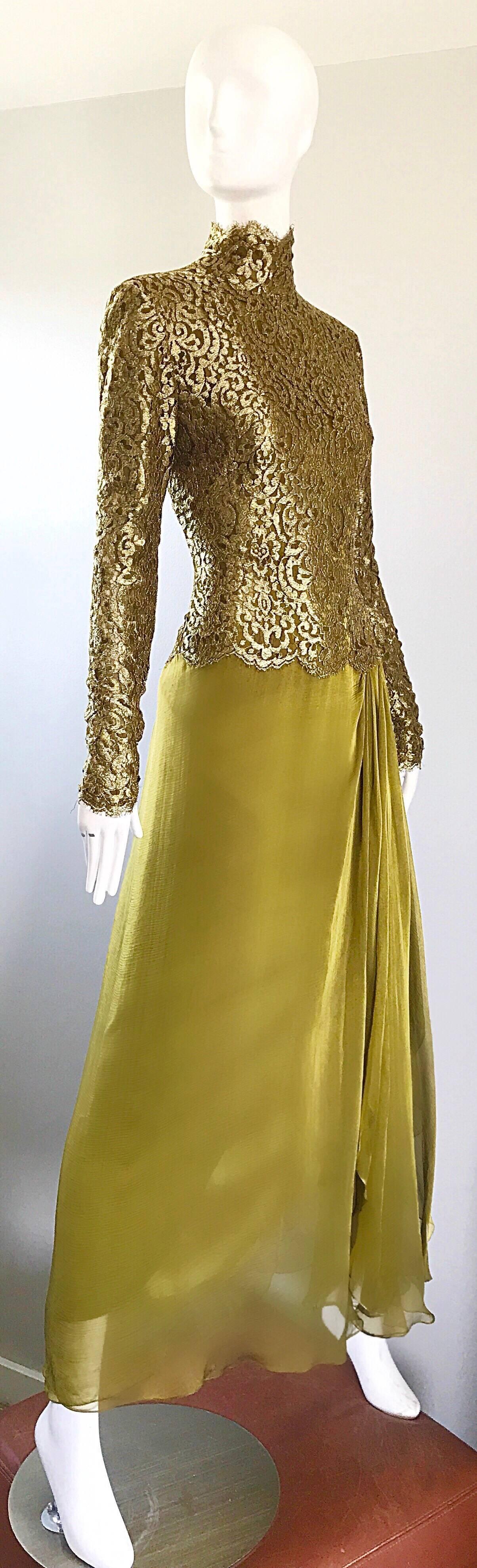 Brown Vintage Bob Mackie Amazing Chartreuse Green + Gold Silk Chiffon Lace Gown