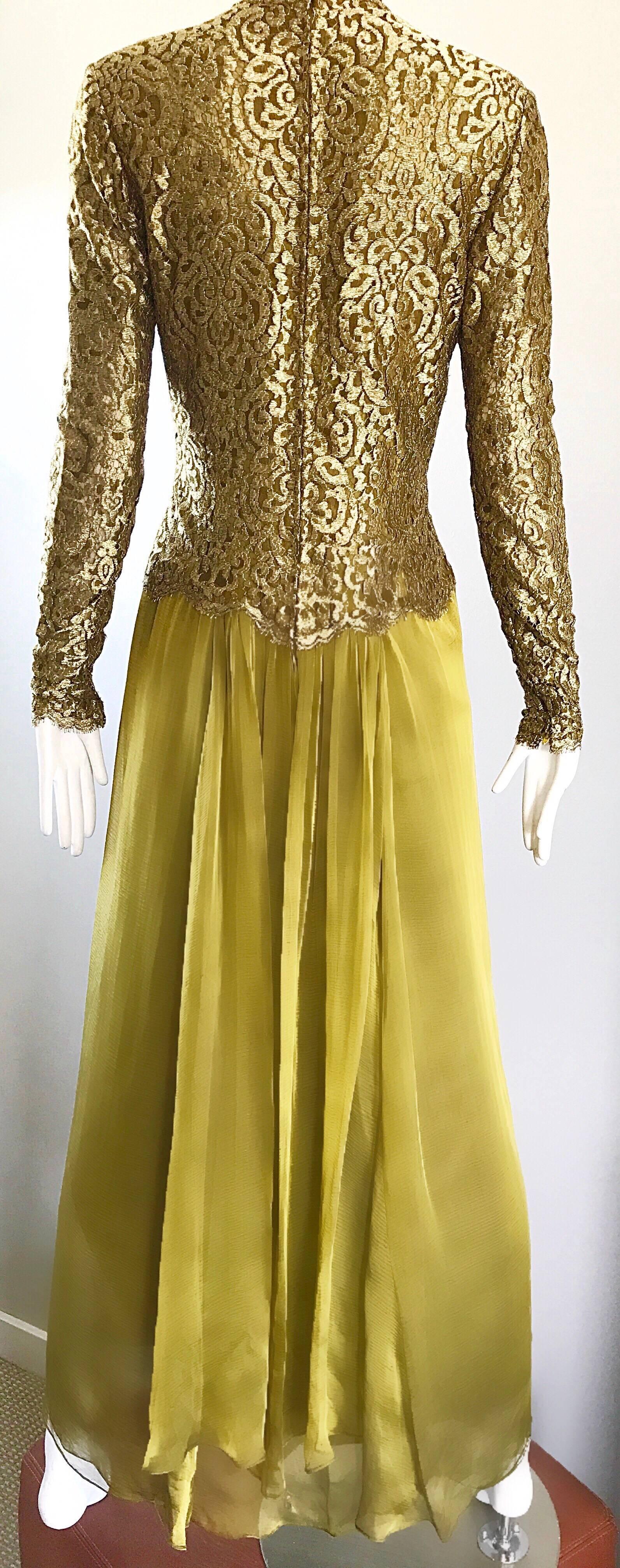 Vintage Bob Mackie Amazing Chartreuse Green + Gold Silk Chiffon Lace Gown In Excellent Condition In San Diego, CA