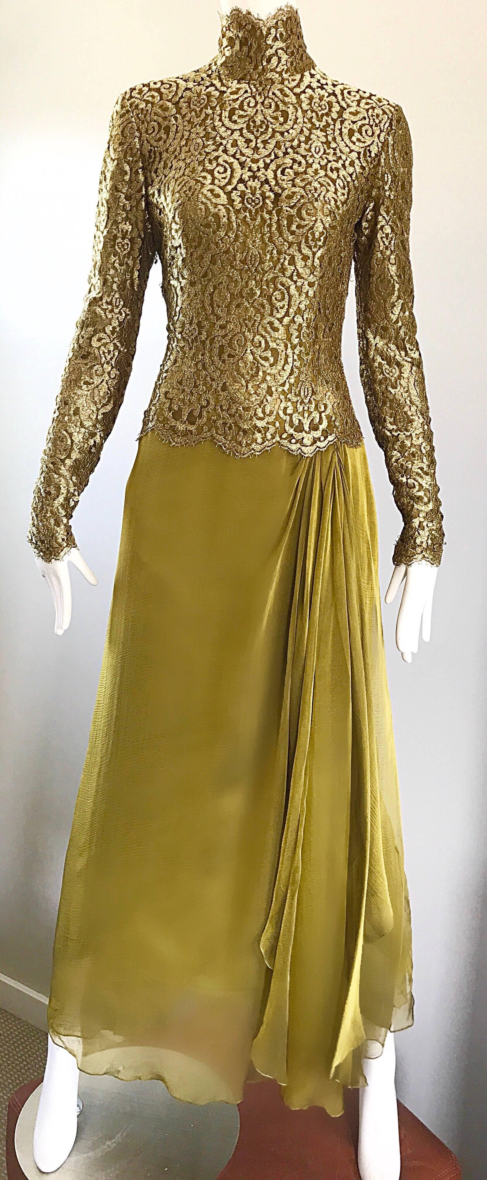 Vintage Bob Mackie Amazing Chartreuse Green + Gold Silk Chiffon Lace Gown 1