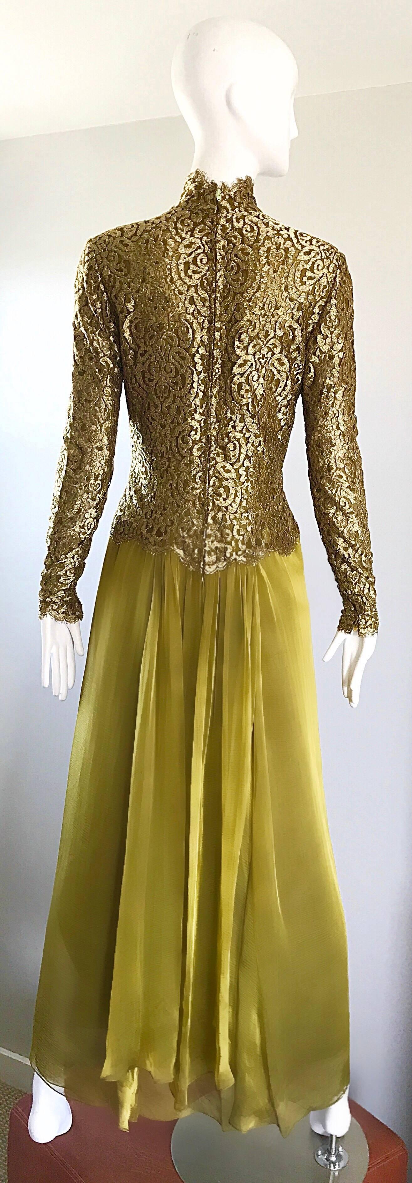 Vintage Bob Mackie Amazing Chartreuse Green + Gold Silk Chiffon Lace Gown 2