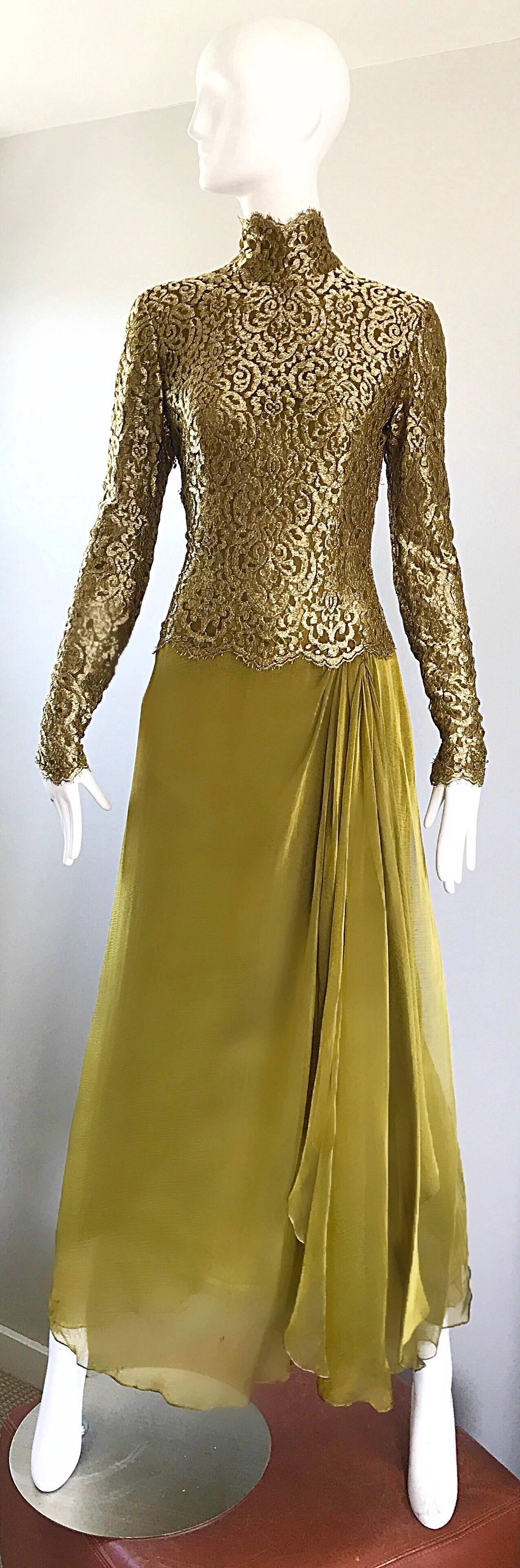 Vintage Bob Mackie Amazing Chartreuse Green + Gold Silk Chiffon Lace Gown 3