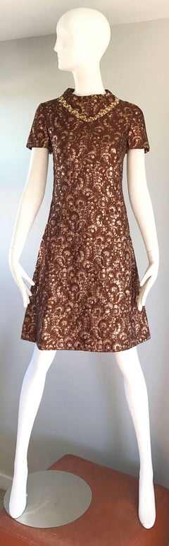 1960er Adele Simspon Brown Rose Gold Kupfer Seidenbrokat Vintage 60s A Line Kleid