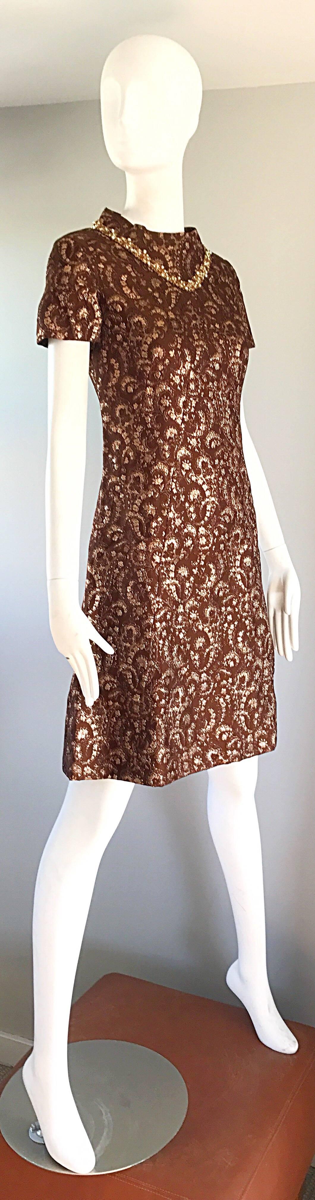 1960s Adele Simspon Brown Rose Gold Copper Silk Brocade Vintage 60s A Line Dress In Excellent Condition For Sale In San Diego, CA