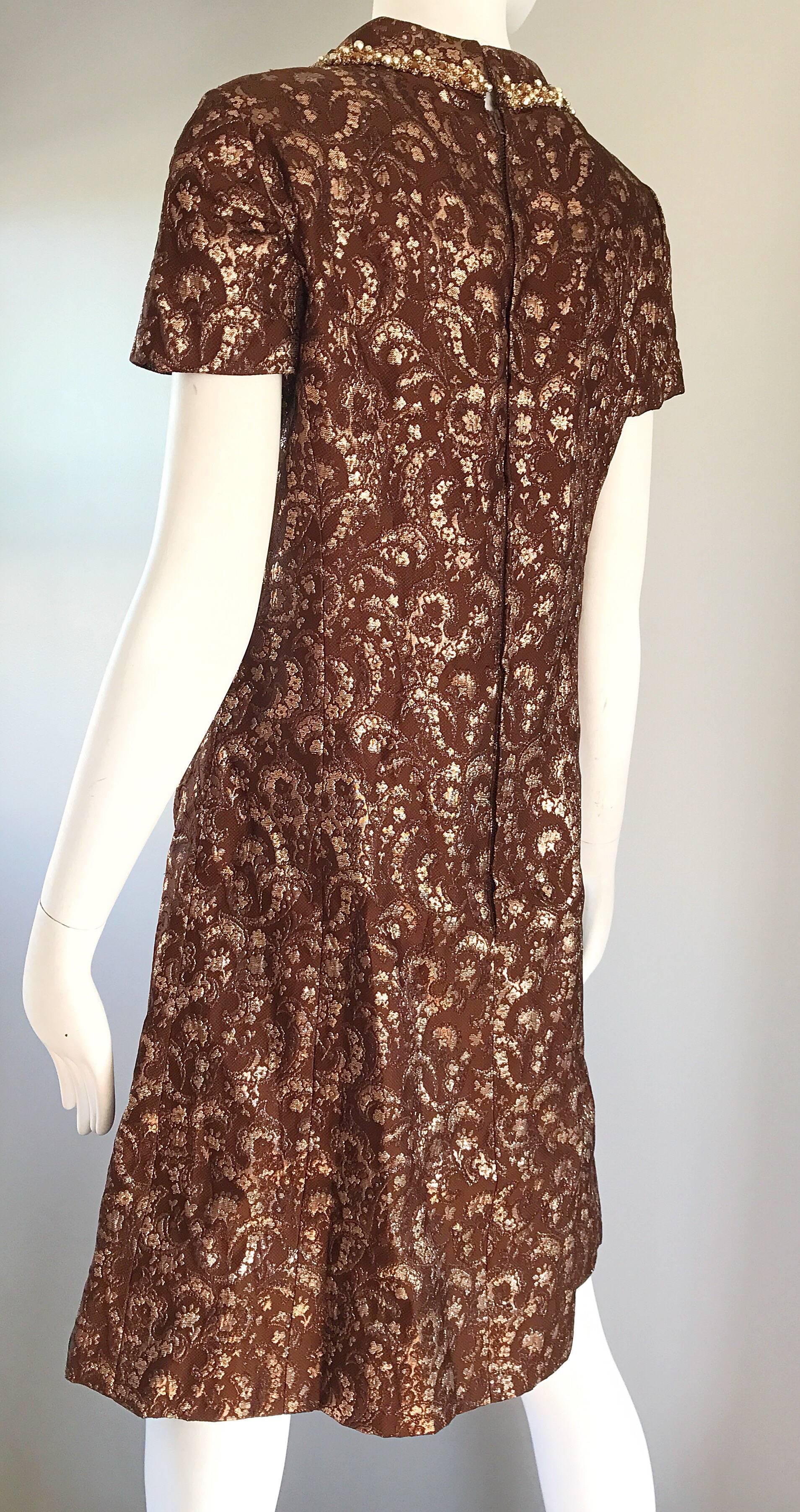 Women's 1960s Adele Simspon Brown Rose Gold Copper Silk Brocade Vintage 60s A Line Dress For Sale