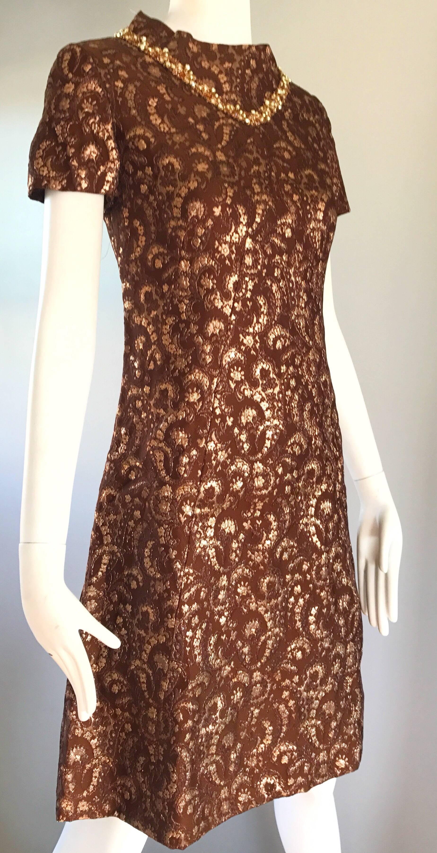 1960s Adele Simspon Brown Rose Gold Copper Silk Brocade Vintage 60s A Line Dress For Sale 1