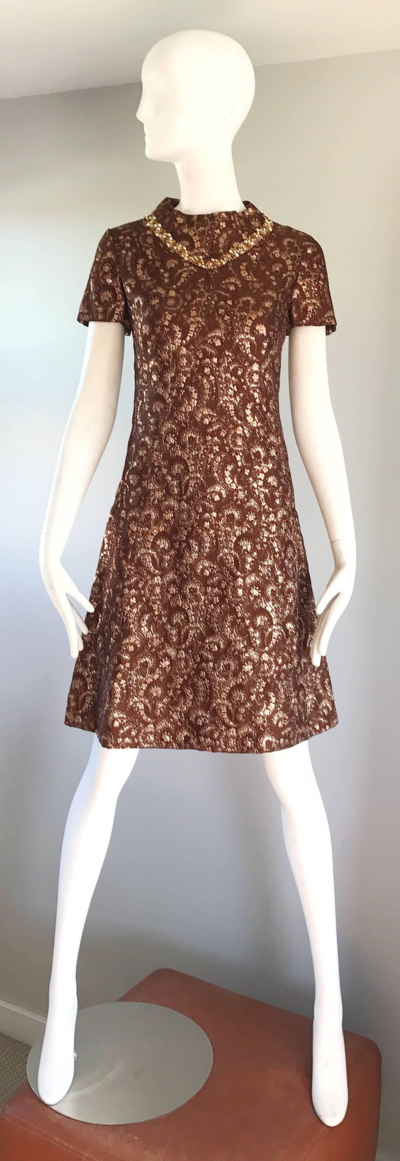 1960s Adele Simspon Brown Rose Gold Copper Silk Brocade Vintage 60s A Line Dress For Sale 2