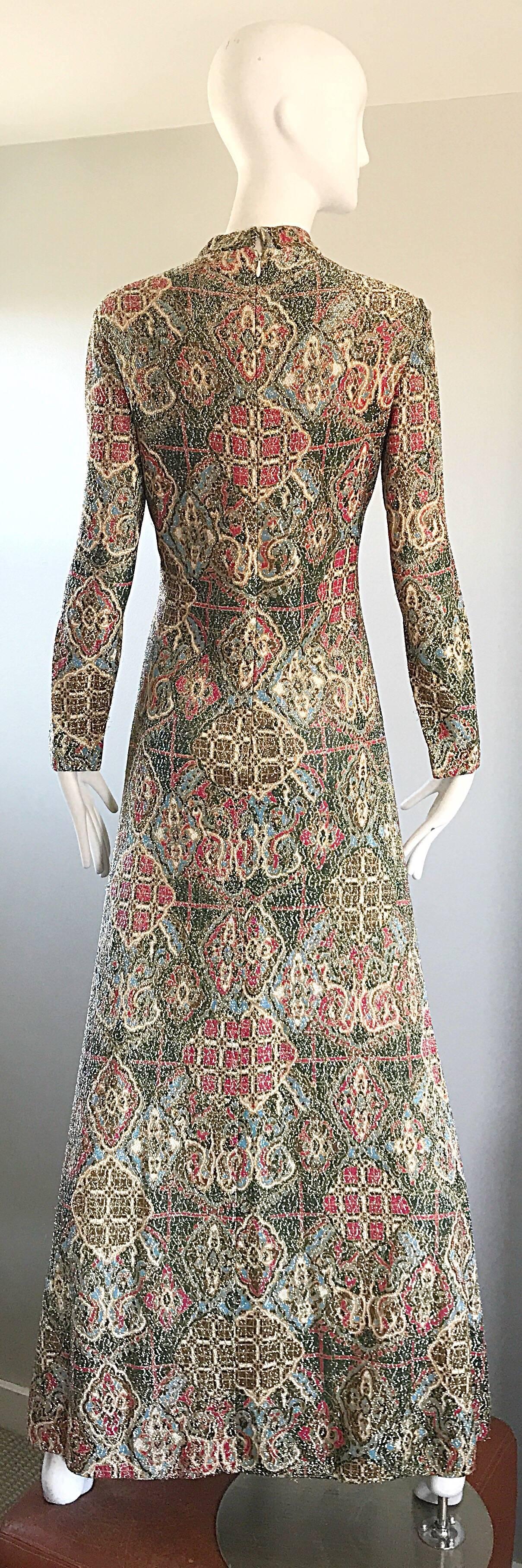 1970s Adele Simpson Baroque Ethnic Print Lurex Boho Print Vintage 70s Maxi Dress In Excellent Condition In San Diego, CA