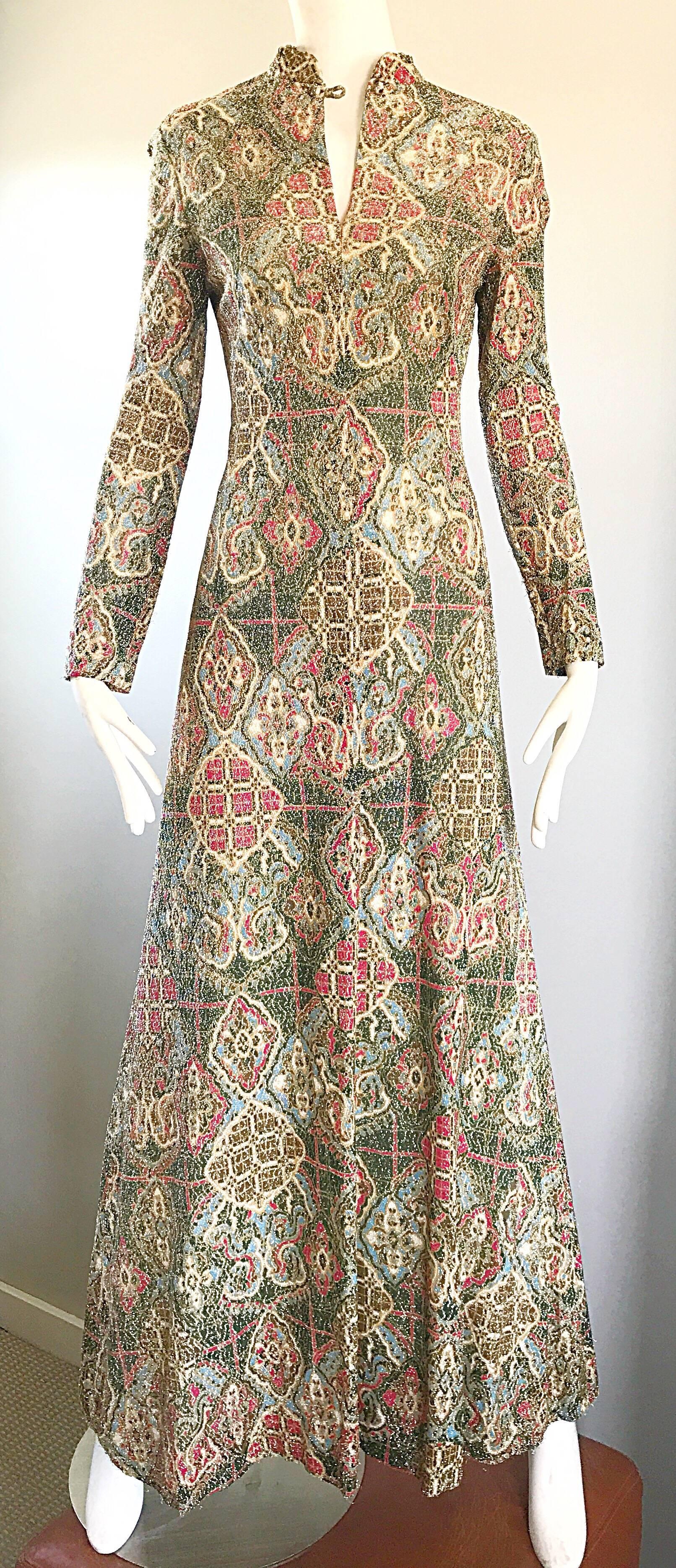 1970s Adele Simpson Baroque Ethnic Print Lurex Boho Print Vintage 70s Maxi Dress 1