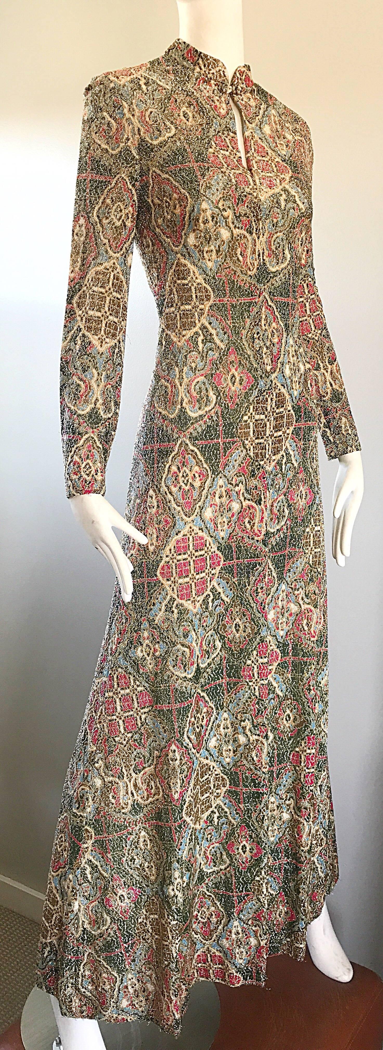 1970s Adele Simpson Baroque Ethnic Print Lurex Boho Print Vintage 70s Maxi Dress 3