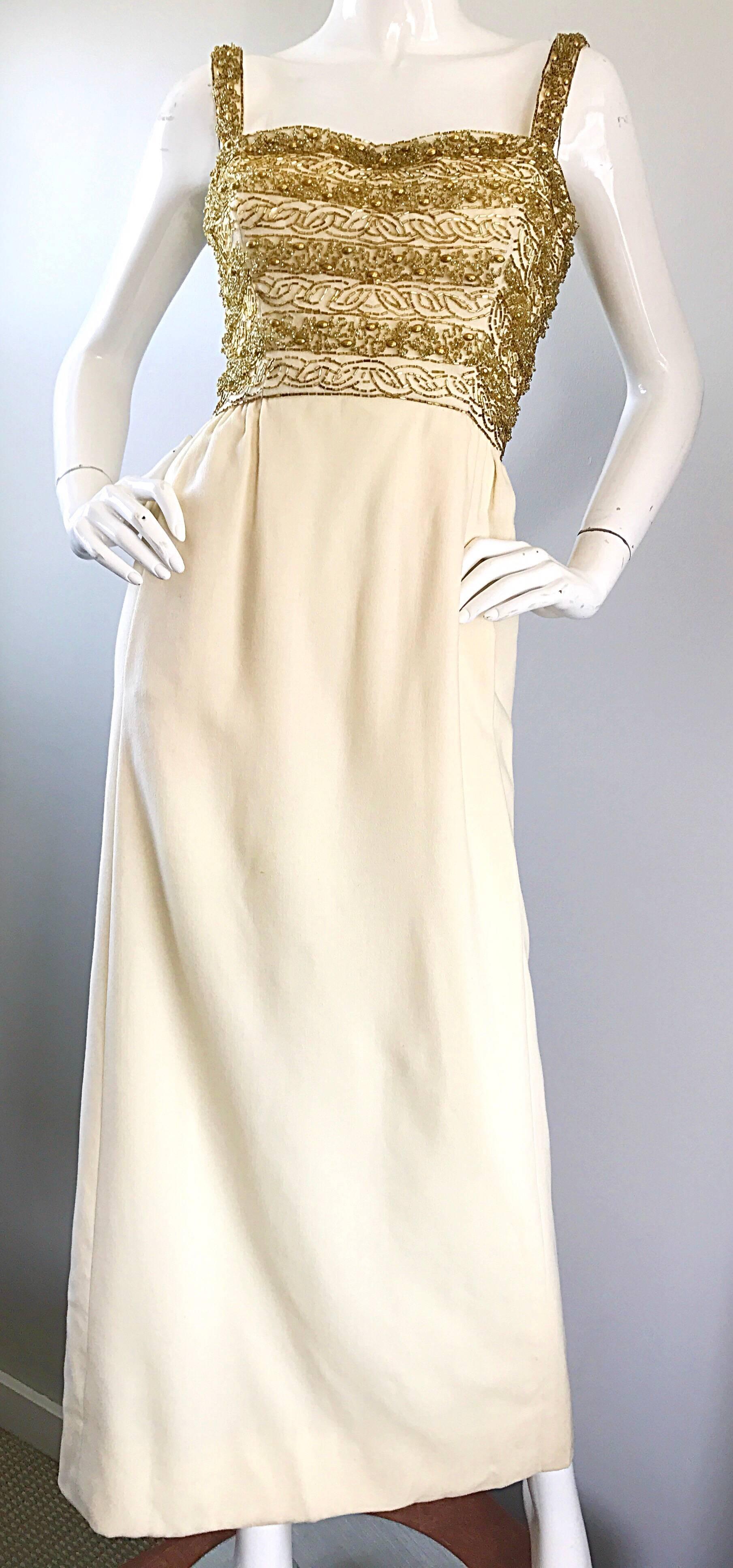 White Gorgeous 1960s Joseph Magnin Ivory + Gold Beaded Vintage 60s Wool Evening Gown