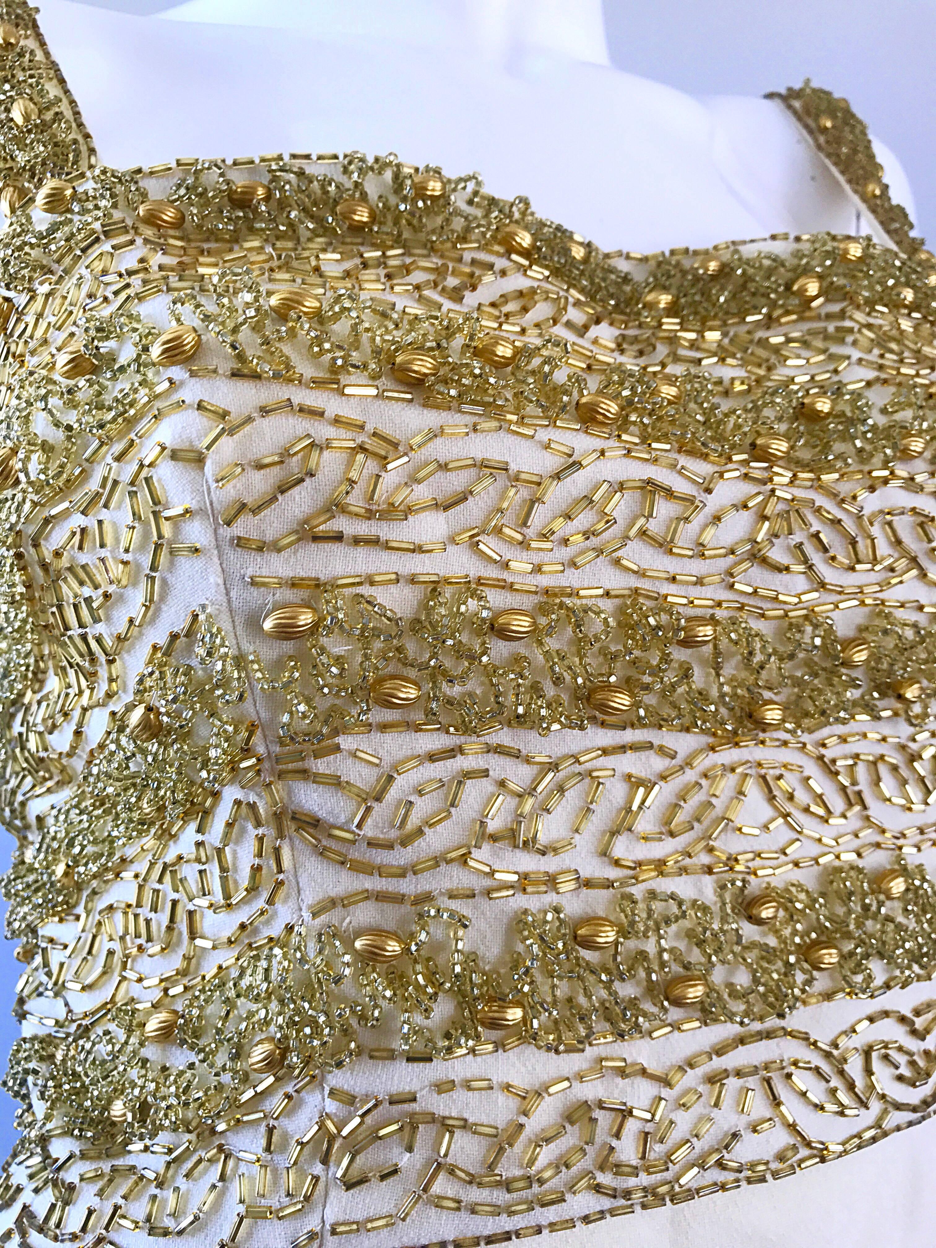 Gorgeous 1960s Joseph Magnin Ivory + Gold Beaded Vintage 60s Wool Evening Gown In Excellent Condition In San Diego, CA