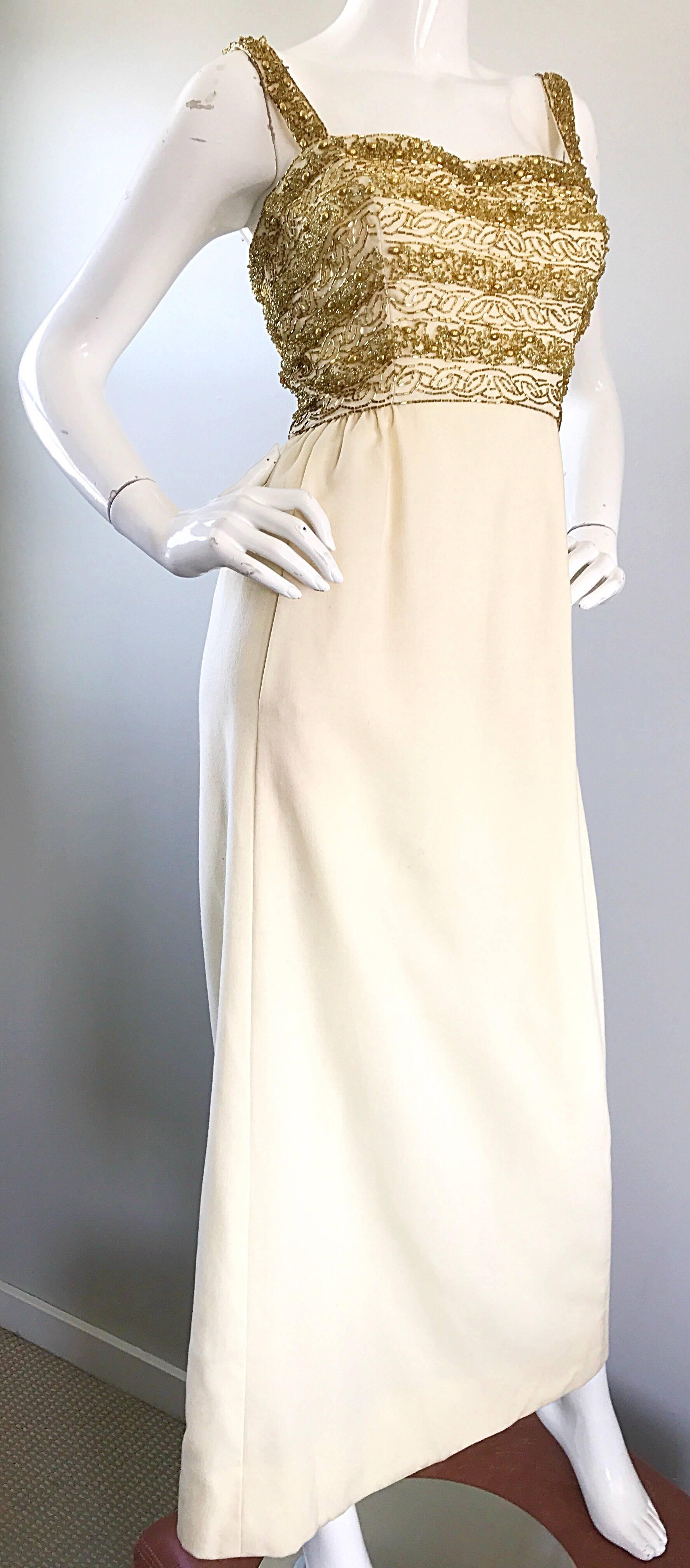 Women's Gorgeous 1960s Joseph Magnin Ivory + Gold Beaded Vintage 60s Wool Evening Gown