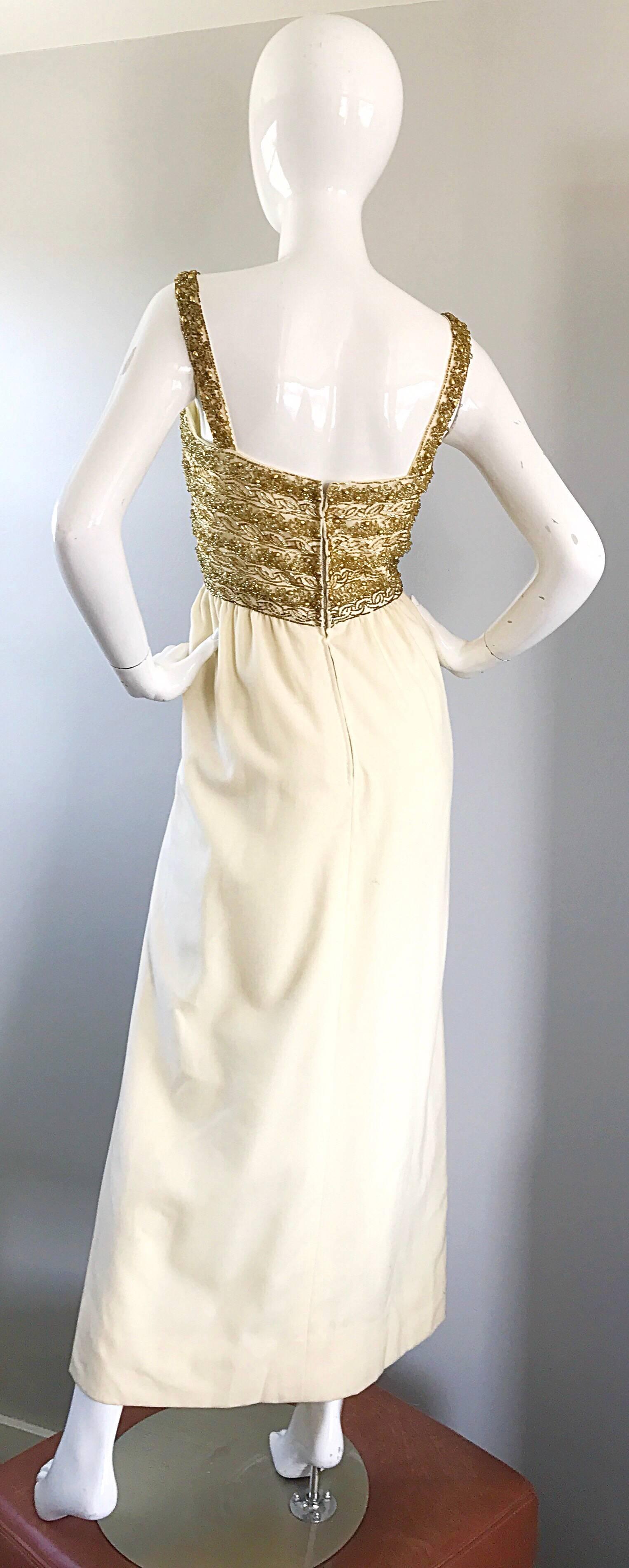 Gorgeous 1960s Joseph Magnin Ivory + Gold Beaded Vintage 60s Wool Evening Gown 1