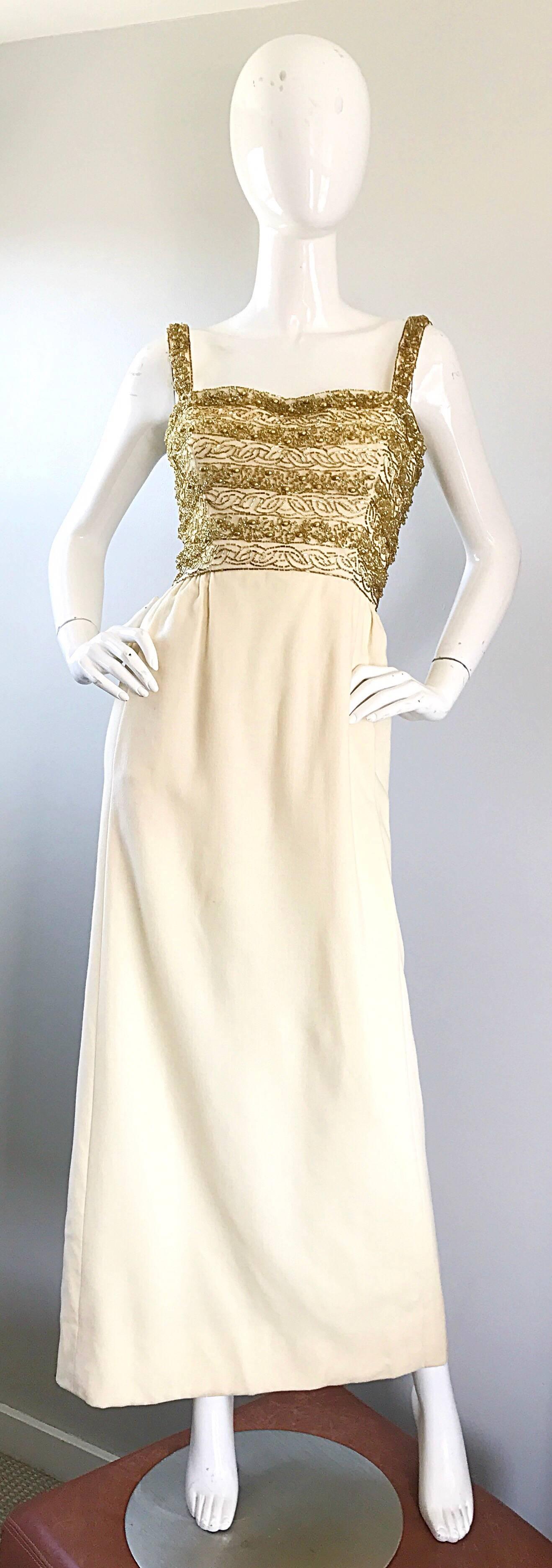 Gorgeous 1960s Joseph Magnin Ivory + Gold Beaded Vintage 60s Wool Evening Gown 2