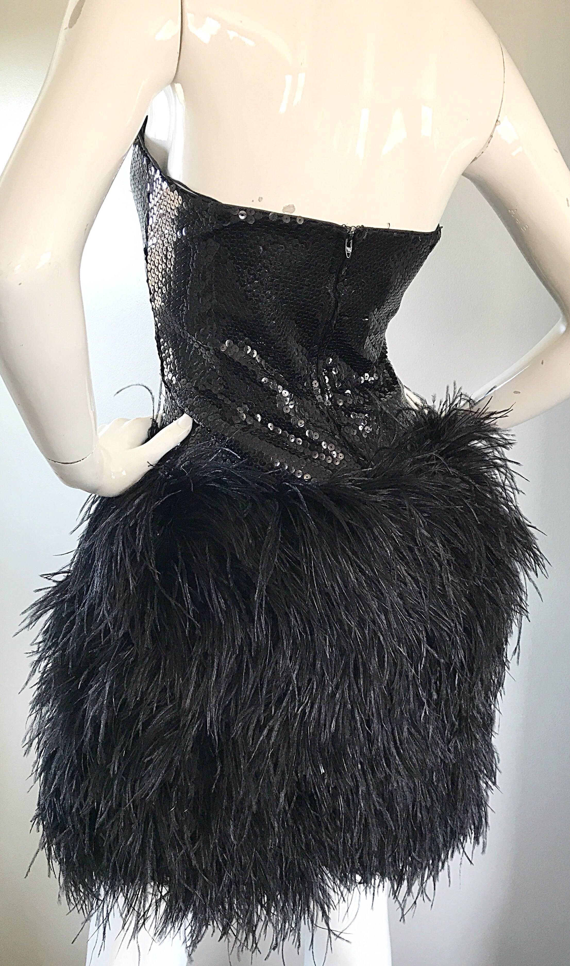 Women's Amazing 1980s Vintage Lillie Rubin Black Sequin Ostrich Feather Strapless Dress For Sale