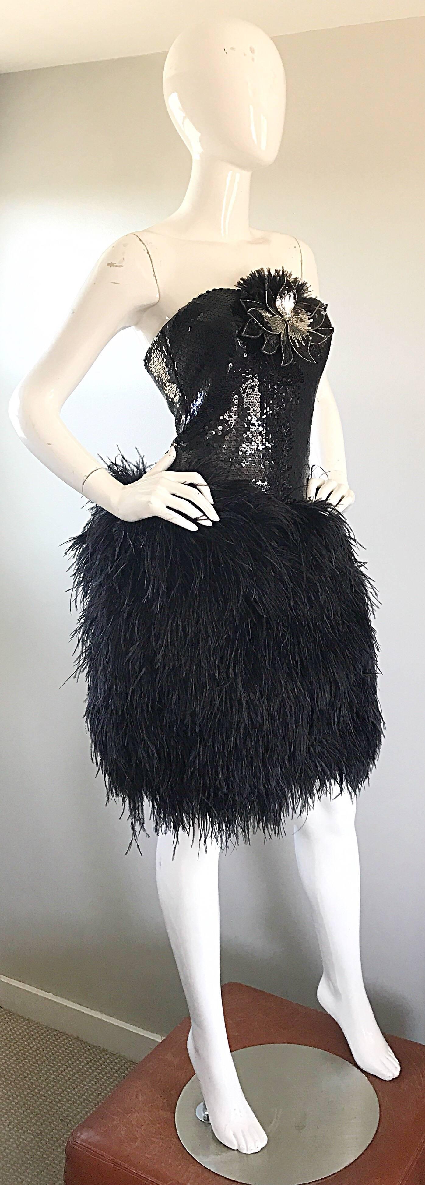 Amazing 1980s Vintage Lillie Rubin Black Sequin Ostrich Feather Strapless Dress For Sale 1