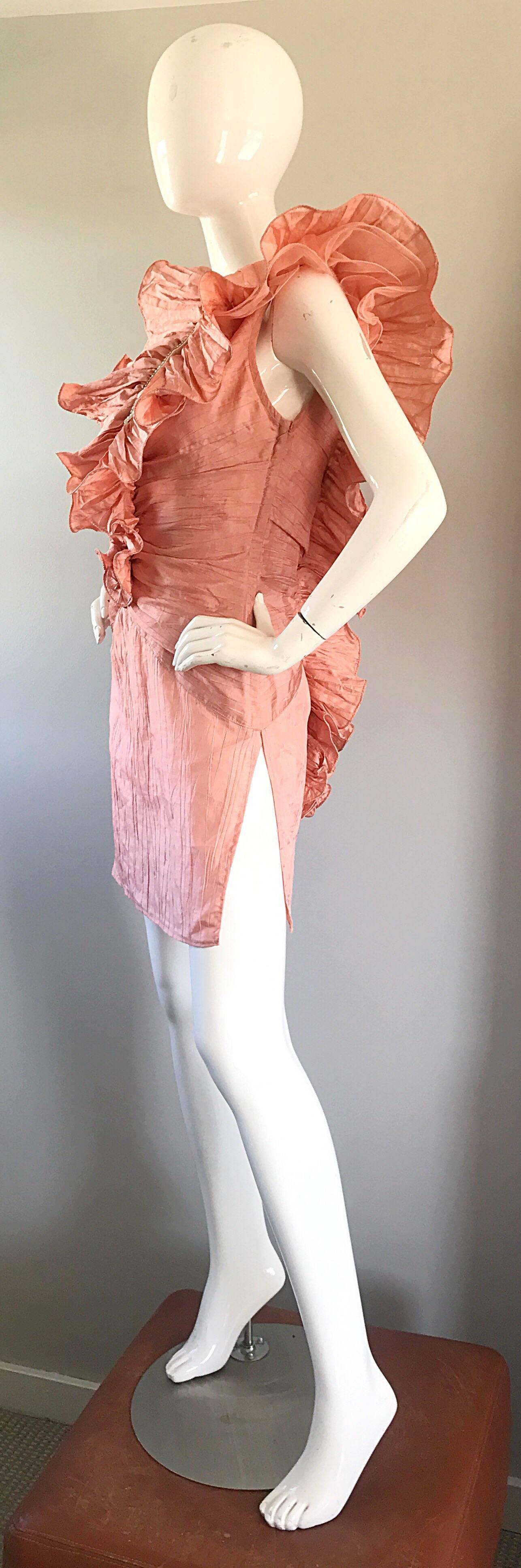 Avant Garde 1980s Pink Rhinestones + Ruffles   Sleeveless 80s Cocktail Dress In Excellent Condition In San Diego, CA