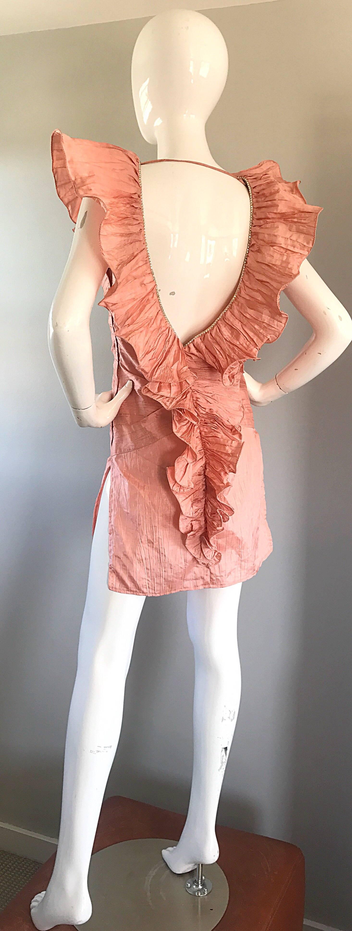 Women's Avant Garde 1980s Pink Rhinestones + Ruffles   Sleeveless 80s Cocktail Dress