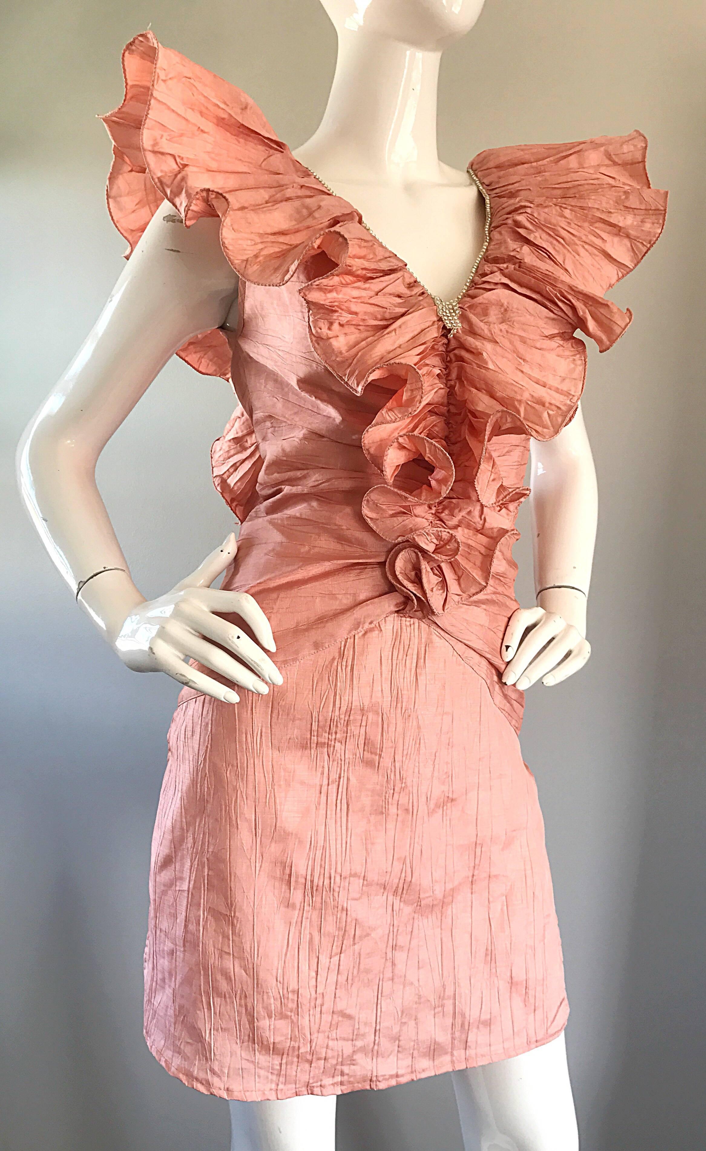 Avant Garde 1980s Pink Rhinestones + Ruffles   Sleeveless 80s Cocktail Dress 1