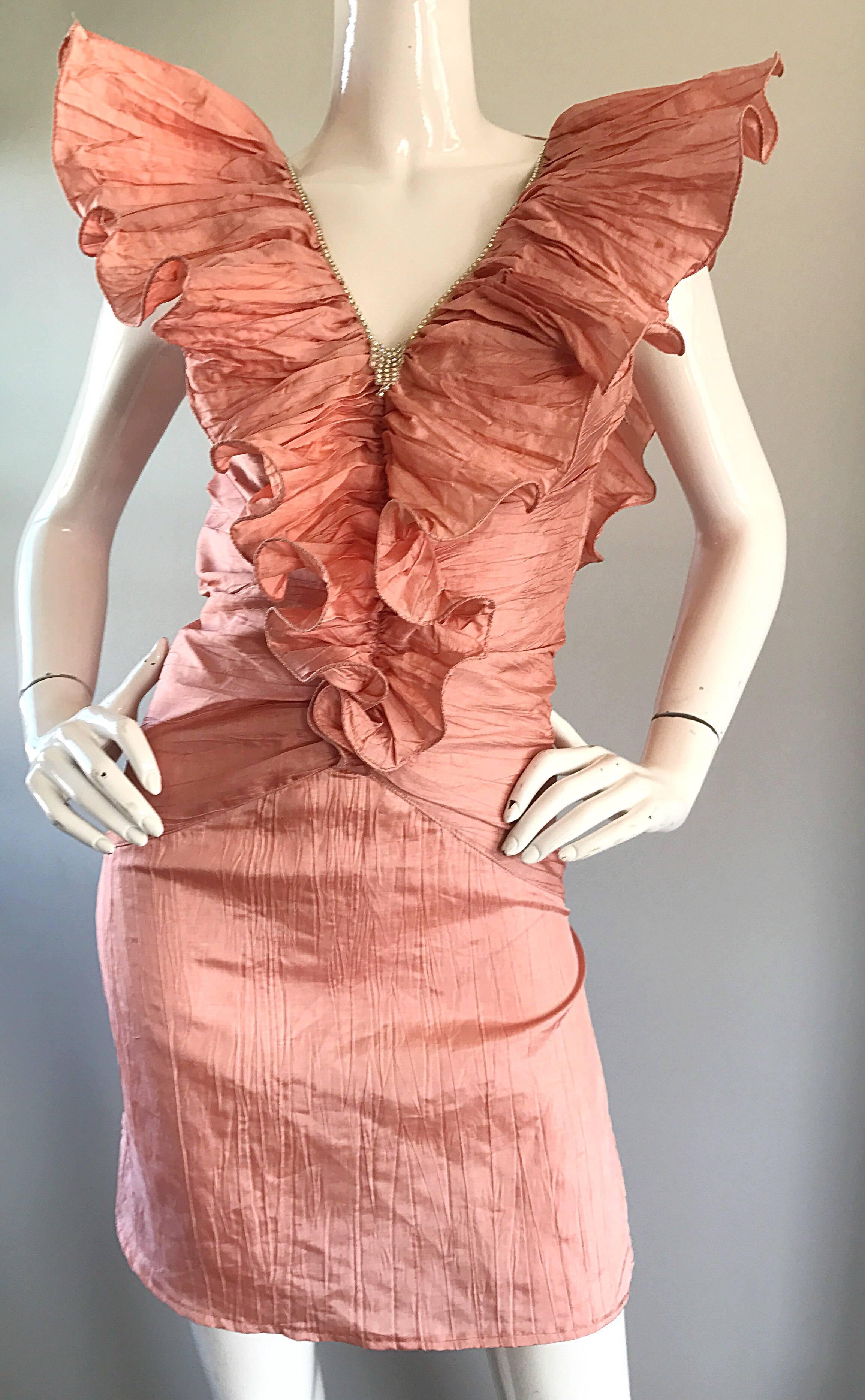 Avant Garde 1980s Pink Rhinestones + Ruffles   Sleeveless 80s Cocktail Dress 2