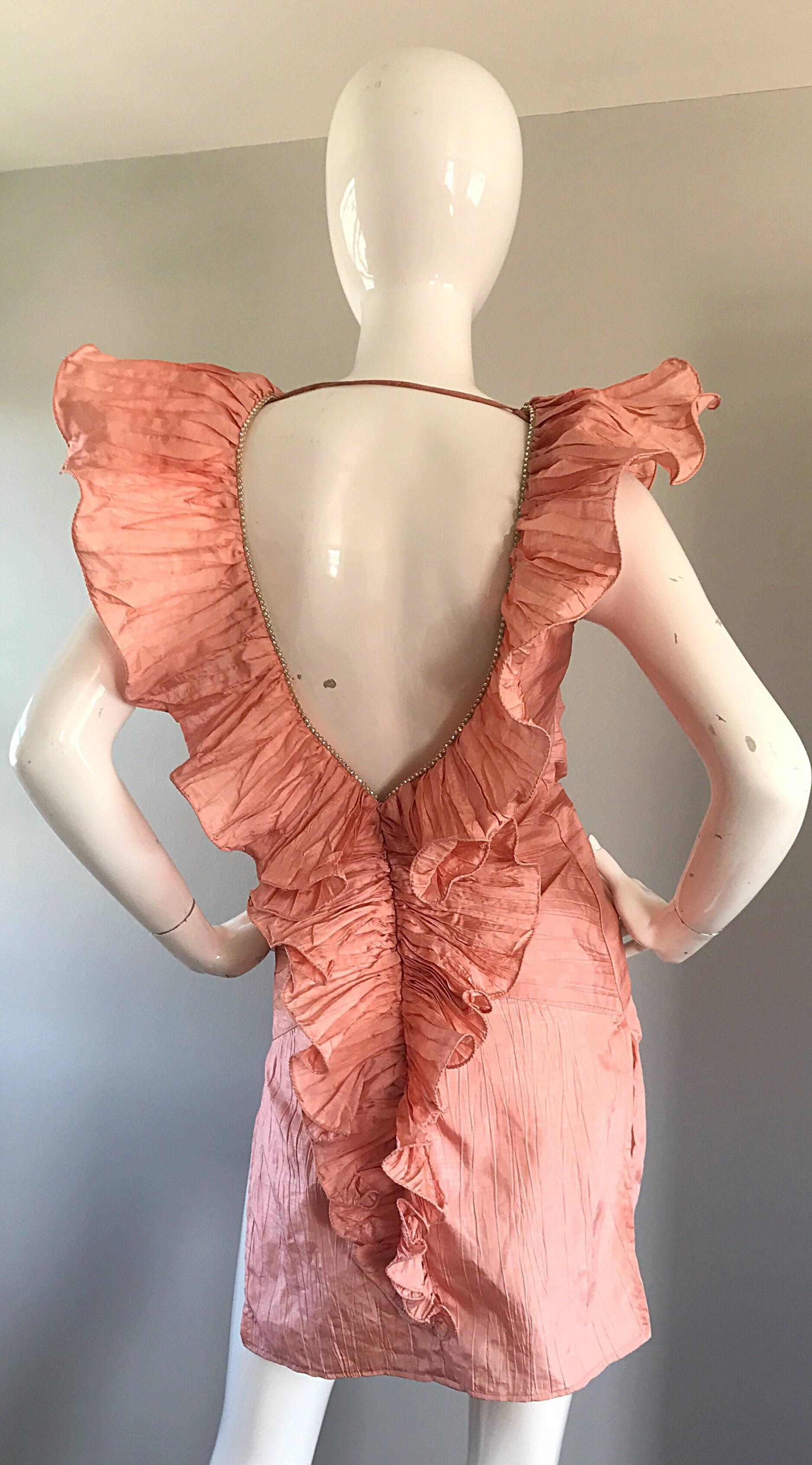 Avant Garde 1980s Pink Rhinestones + Ruffles   Sleeveless 80s Cocktail Dress 3