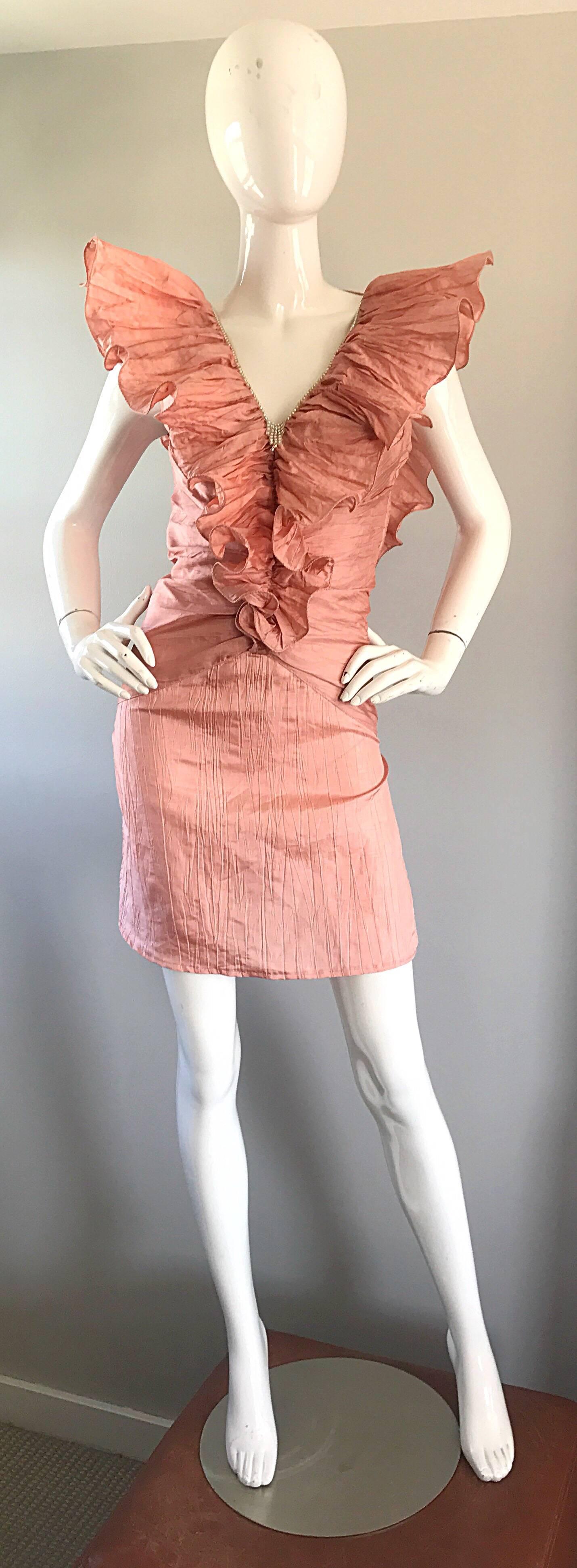 Avant Garde 1980s Pink Rhinestones + Ruffles   Sleeveless 80s Cocktail Dress 5