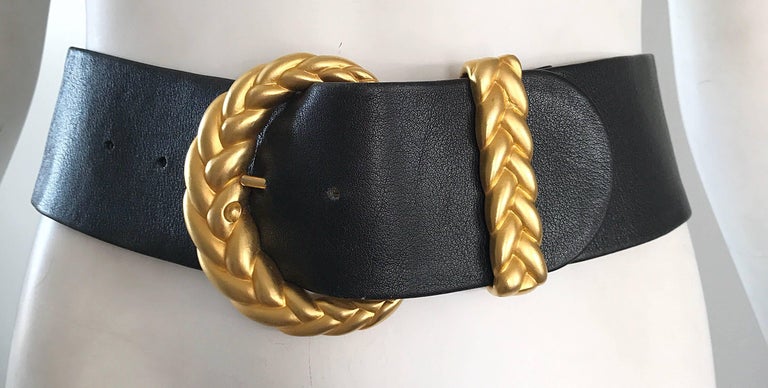 Anne Klein for Calderon Black Vintage Belt 80s Black Belt w/ Gold & Square Rhinestone Buckle Anne Klein  main image 4
