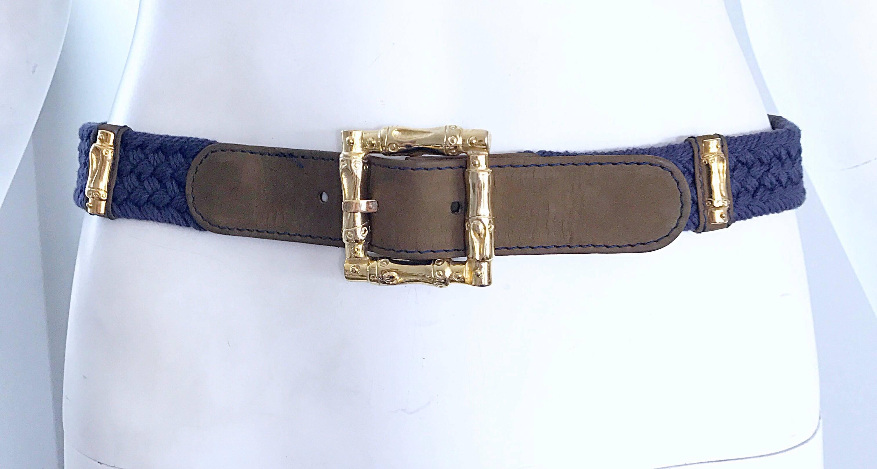 Chic vintage 90s ESCADA by MARGAREHTA LEY navy blue, gold, and brown nautical 'bamboo bit' belt! Features a braided navy blue rayon/cotton blend, base, with gold metal bamboo shaped bits, and brown suede leather. Great with jeans, white trousers, a