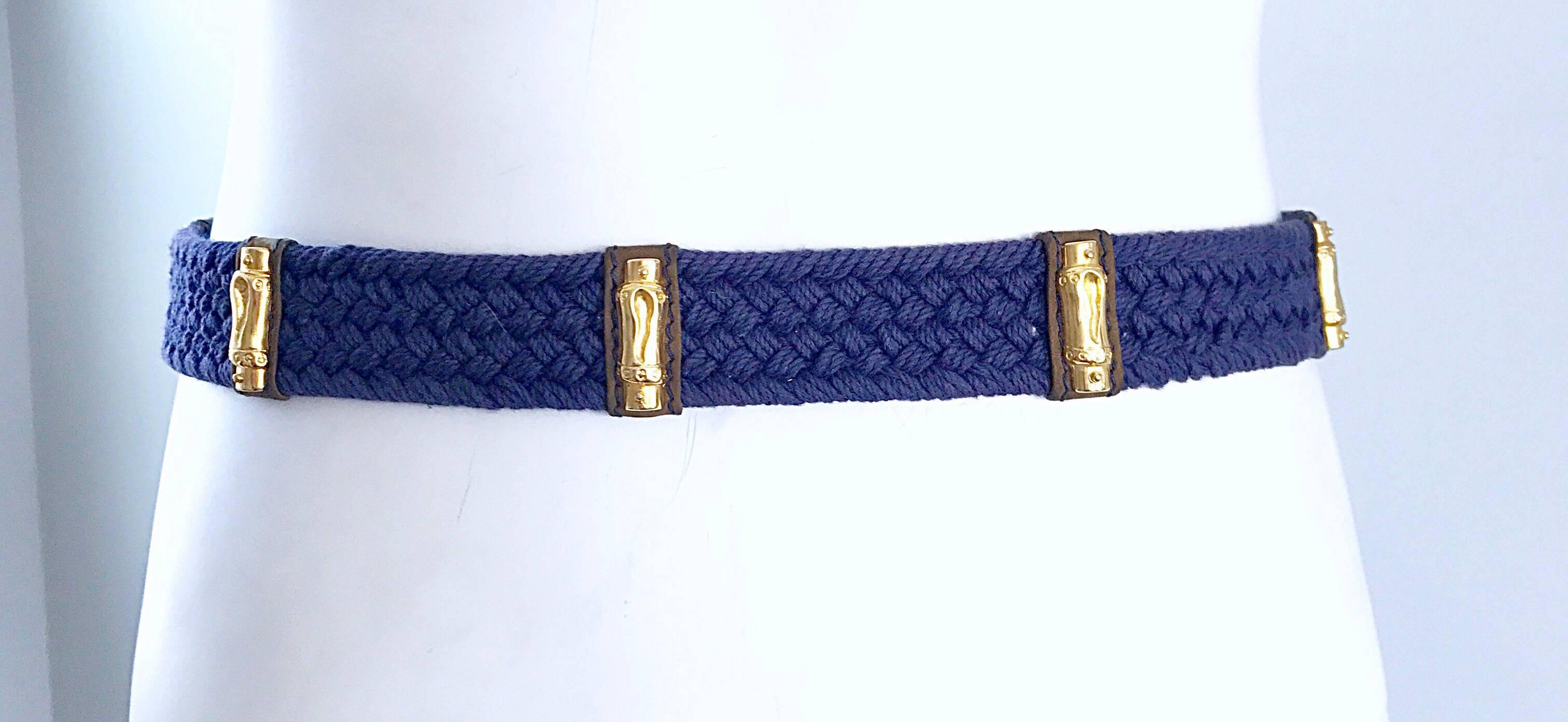 Vintage Escada by Margaretha Ley Navy Blue + Gold Nautical ' Bamboo ' 1990s Belt In Excellent Condition For Sale In San Diego, CA