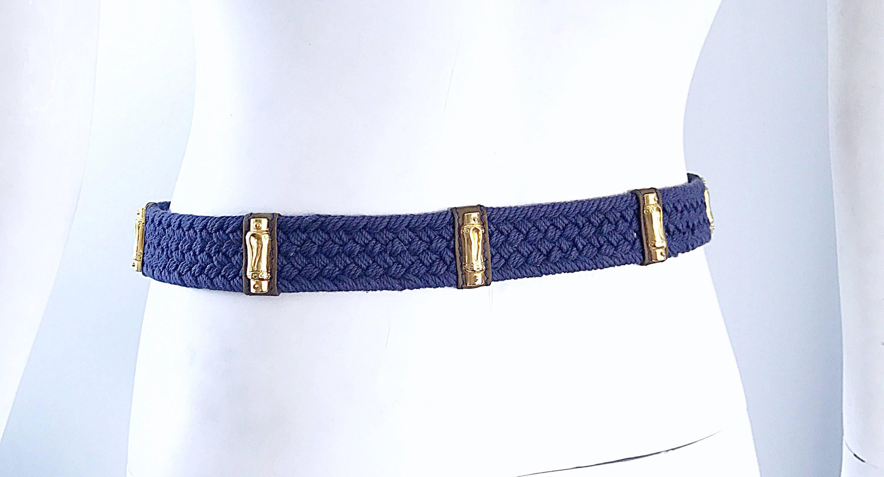 Women's Vintage Escada by Margaretha Ley Navy Blue + Gold Nautical ' Bamboo ' 1990s Belt For Sale