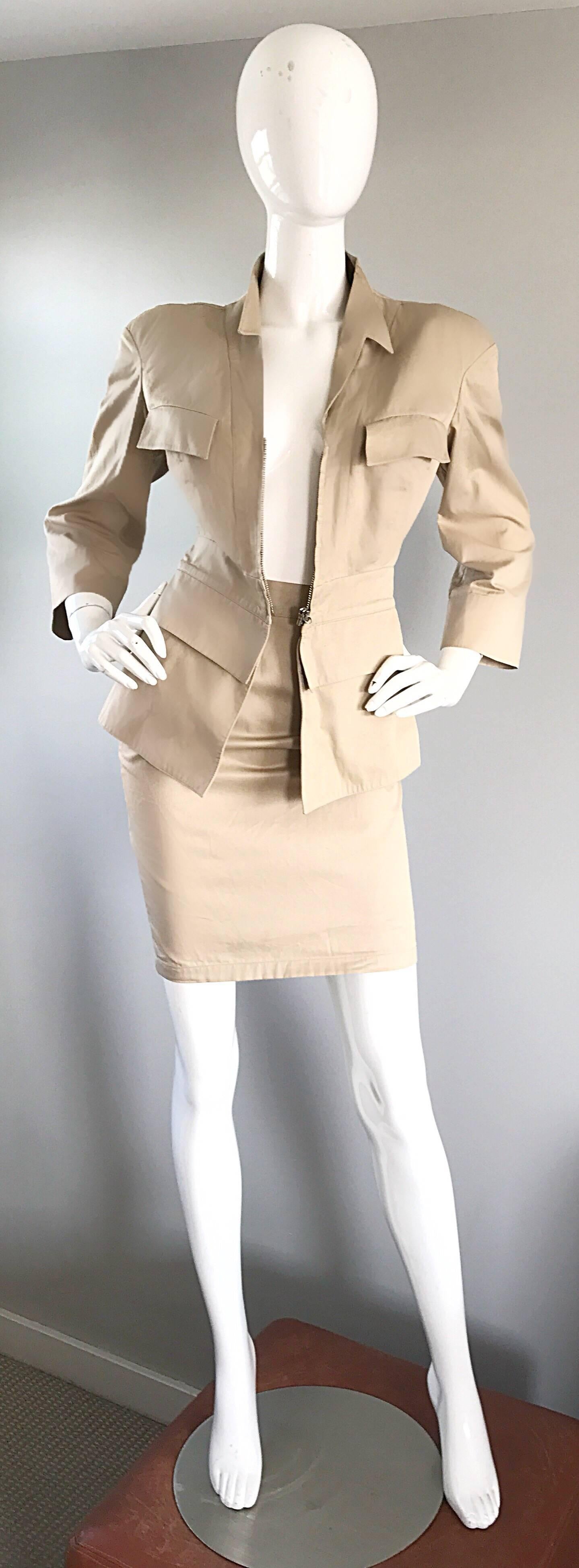 Thierry Mugler 1980er Jahre Khaki Safari Zweiteiliger Vintage Bodycon 80er Jahre Rock Anzug Damen im Angebot