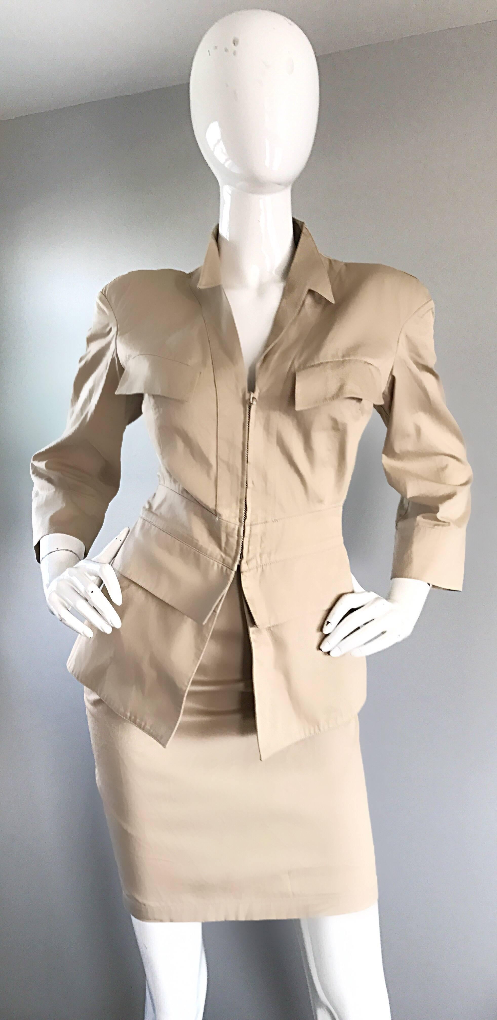 Beige Thierry Mugler 1980s Khaki Safari Two Piece Vintage Bodycon 80s Skirt Suit For Sale