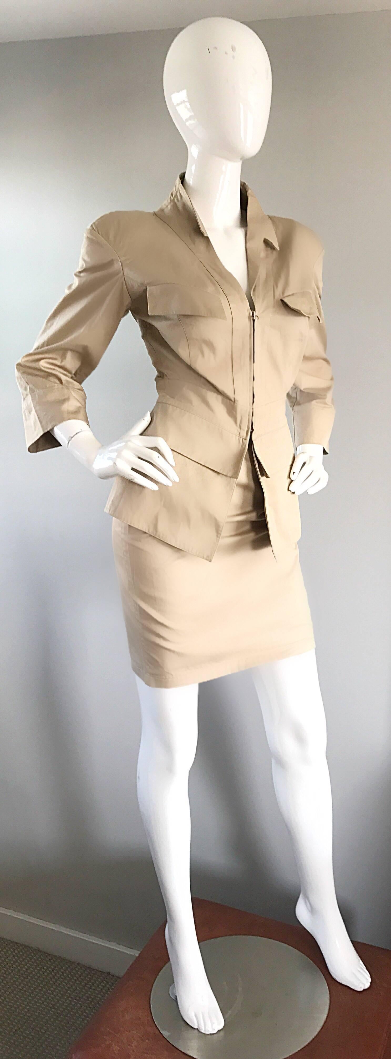 Thierry Mugler 1980s Khaki Safari Two Piece Vintage Bodycon 80s Skirt Suit In Excellent Condition In San Diego, CA